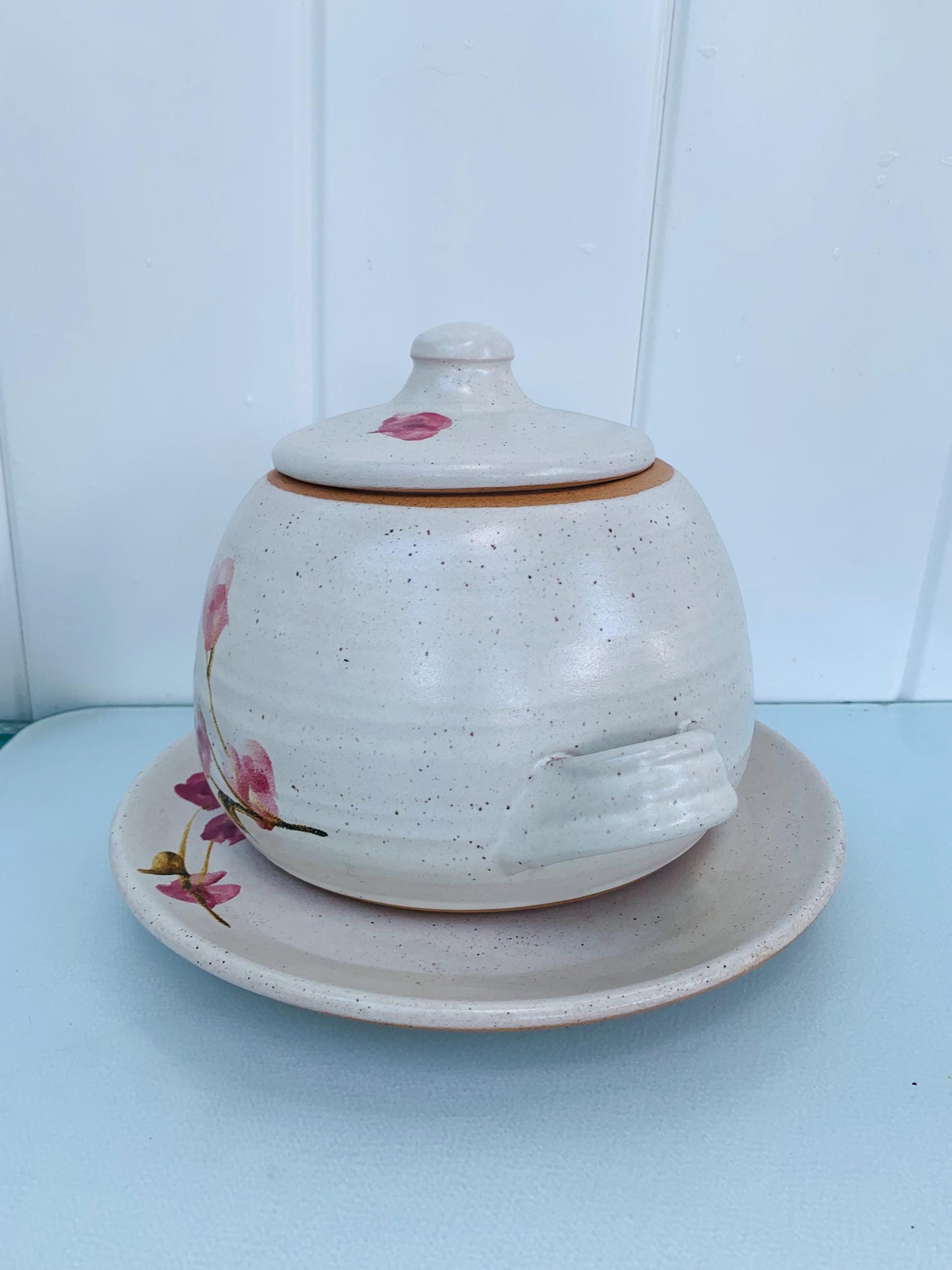 Handmade 2 Piece Natural Speckled Lidded Glazed Pottery Terrine with Pink Flowers and Plate