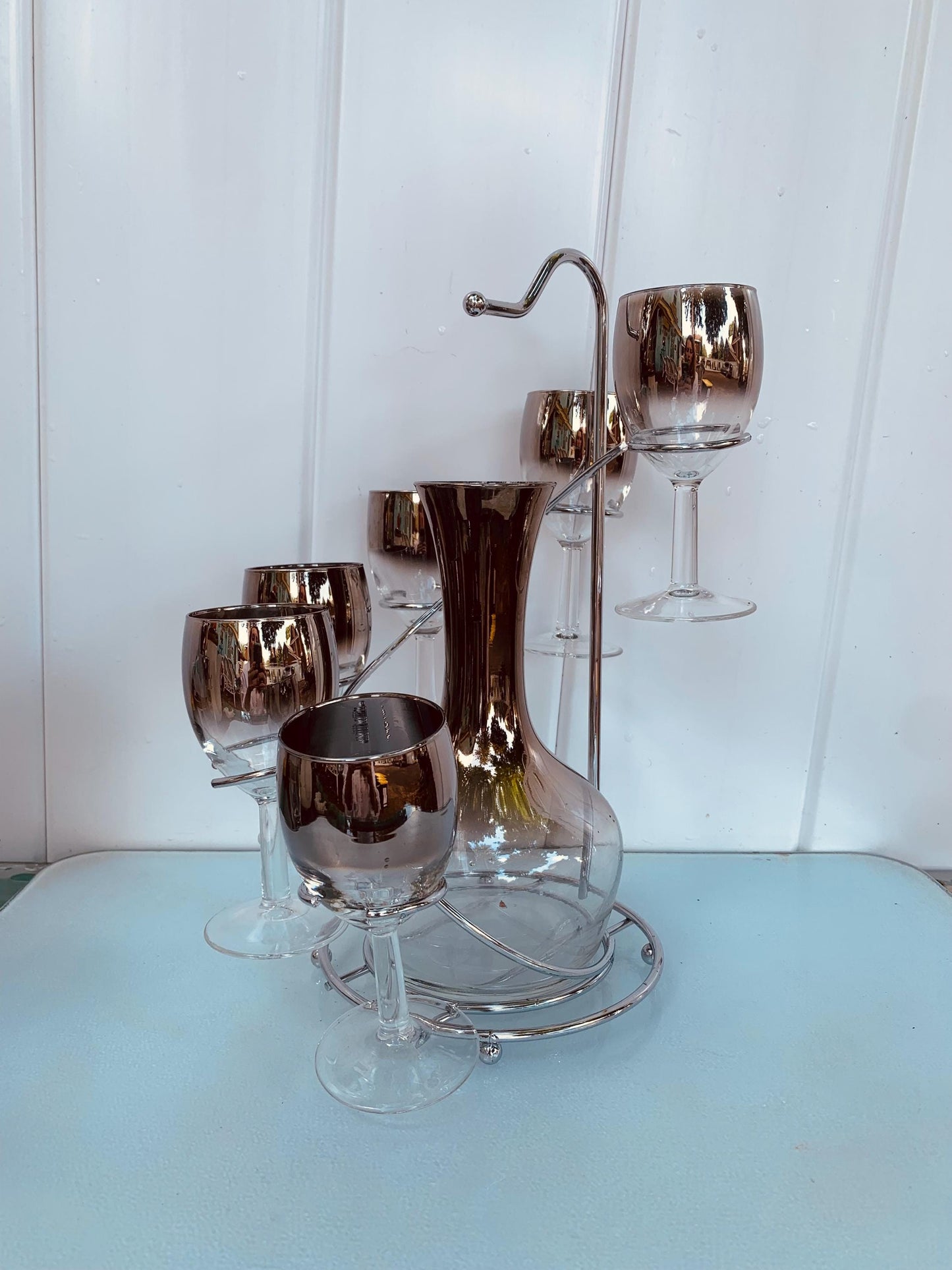 MCM Silver Fade Wine Glasses and Decanter set with Chrome Caddy