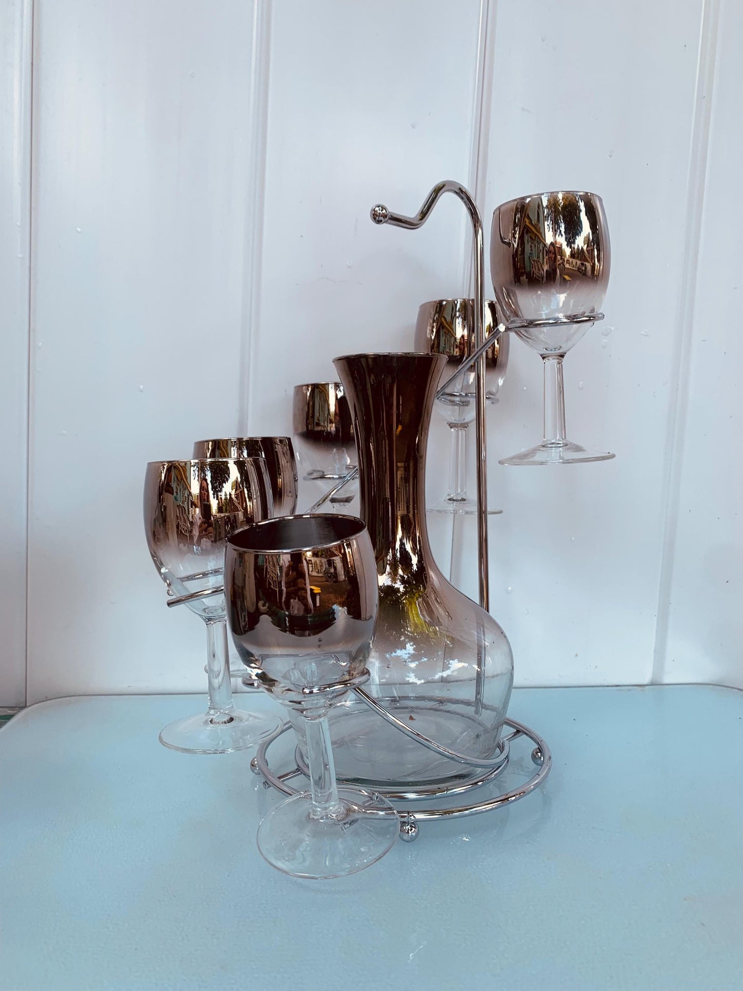 MCM Silver Fade Wine Glasses and Decanter set with Chrome Caddy
