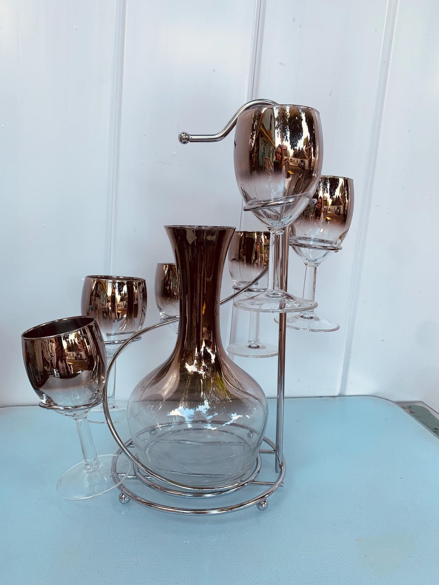 MCM Silver Fade Wine Glasses and Decanter set with Chrome Caddy