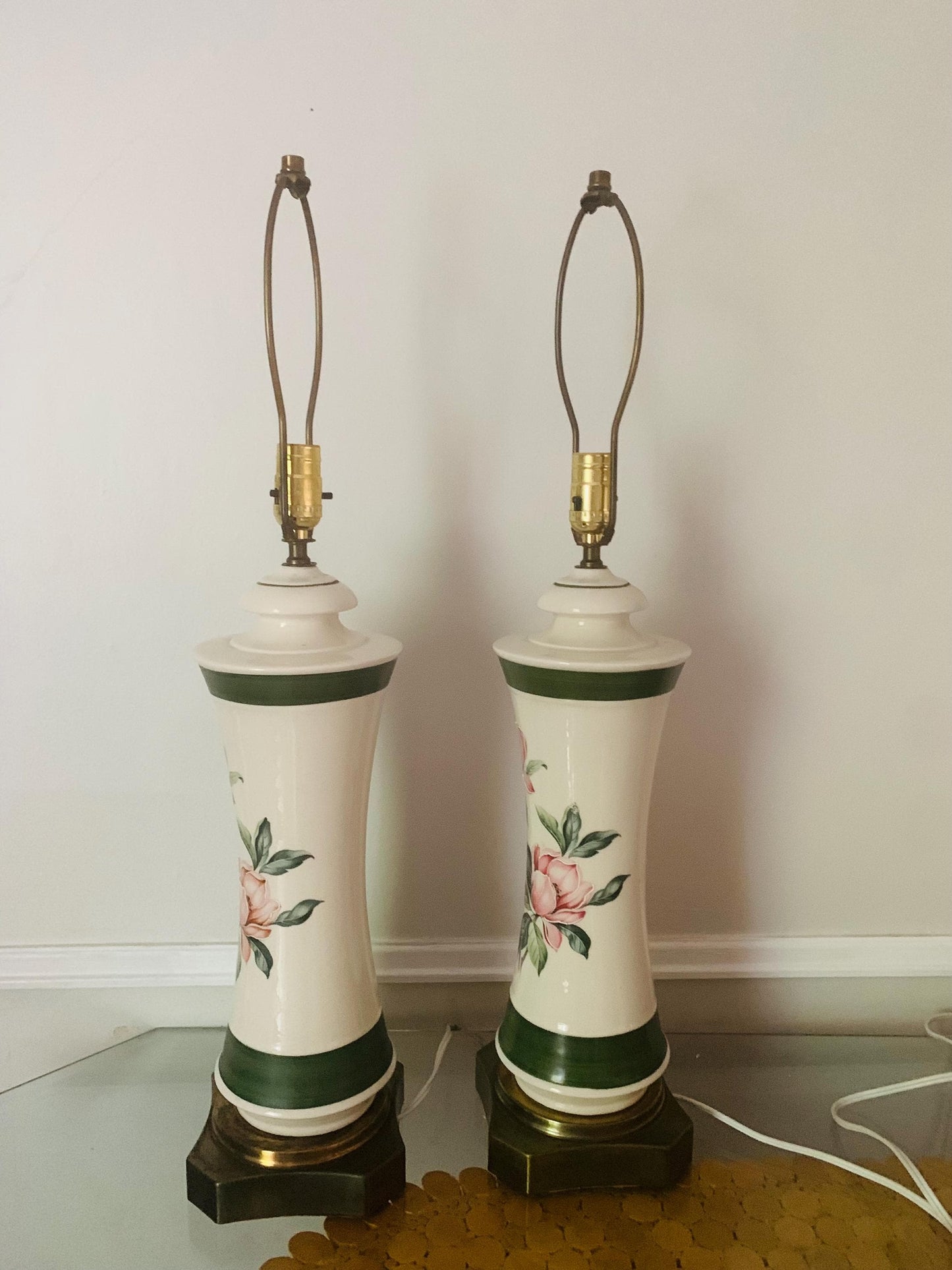 Pair of Vintage Cream  Ceramic Lamps with Flowers and Brass Base No Shades