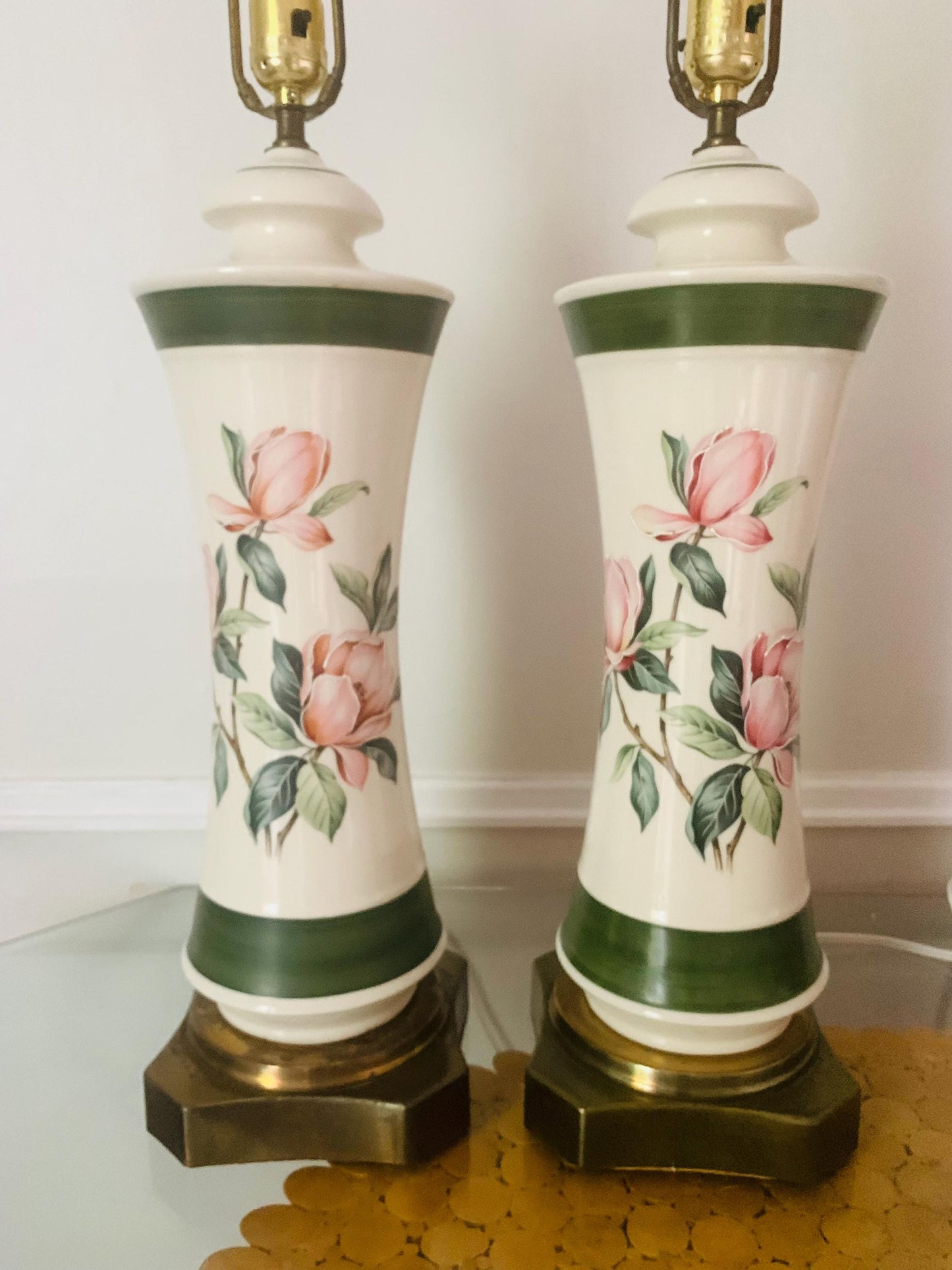Pair of Vintage Cream  Ceramic Lamps with Flowers and Brass Base No Shades