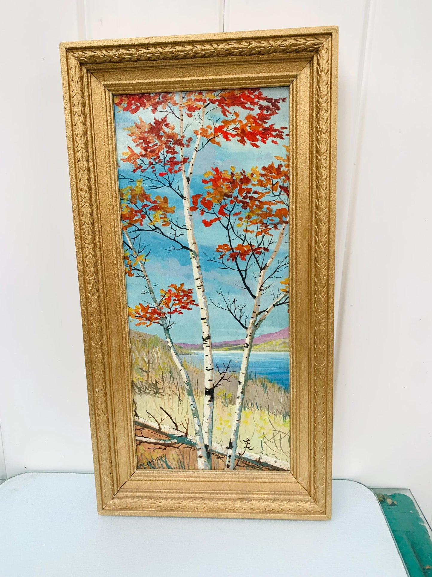Tall Vintage Birch Tree Painting in Gold Wood Frame