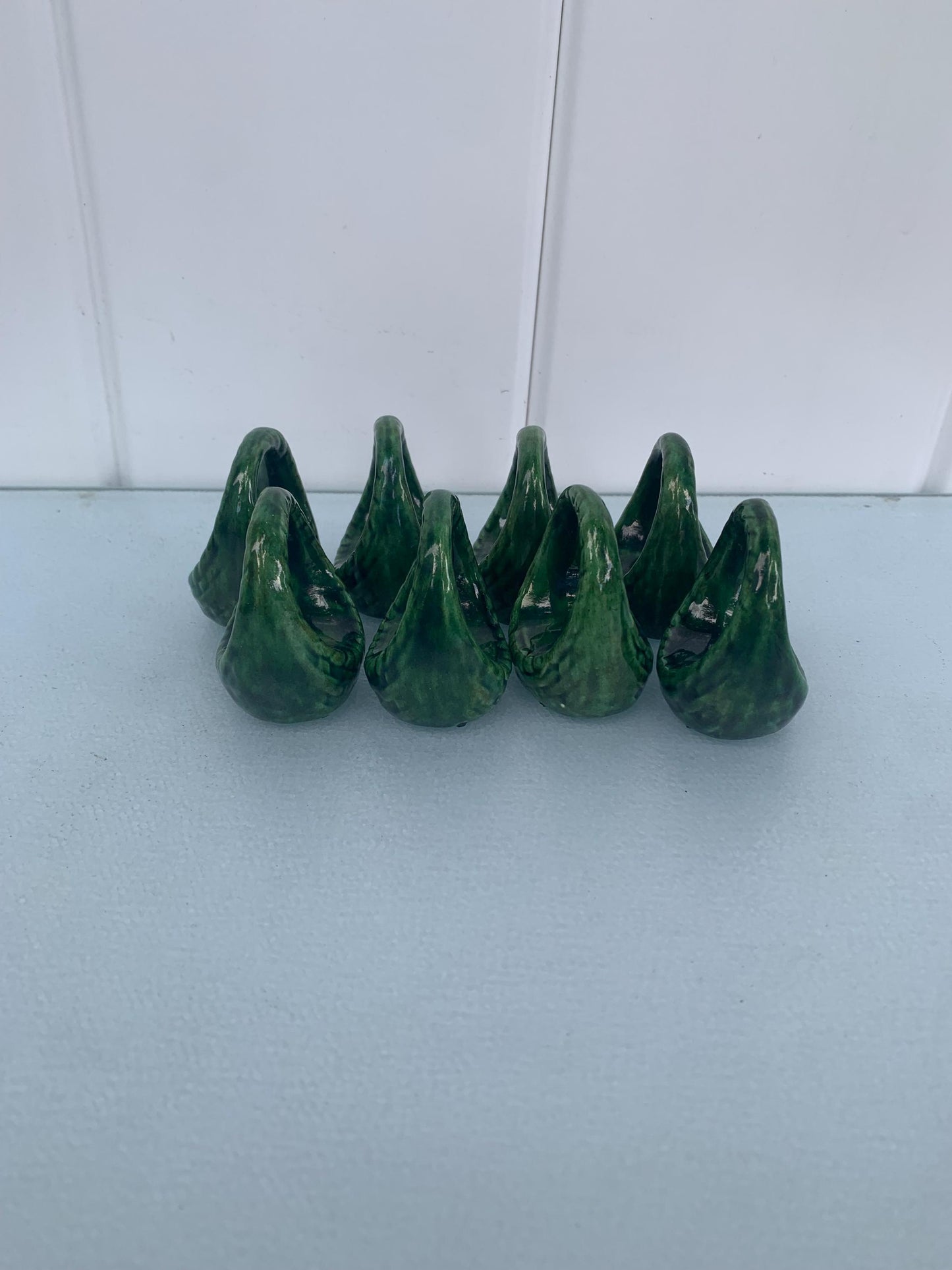 Set of 8 Green Porcelain Basket Napkin Rings