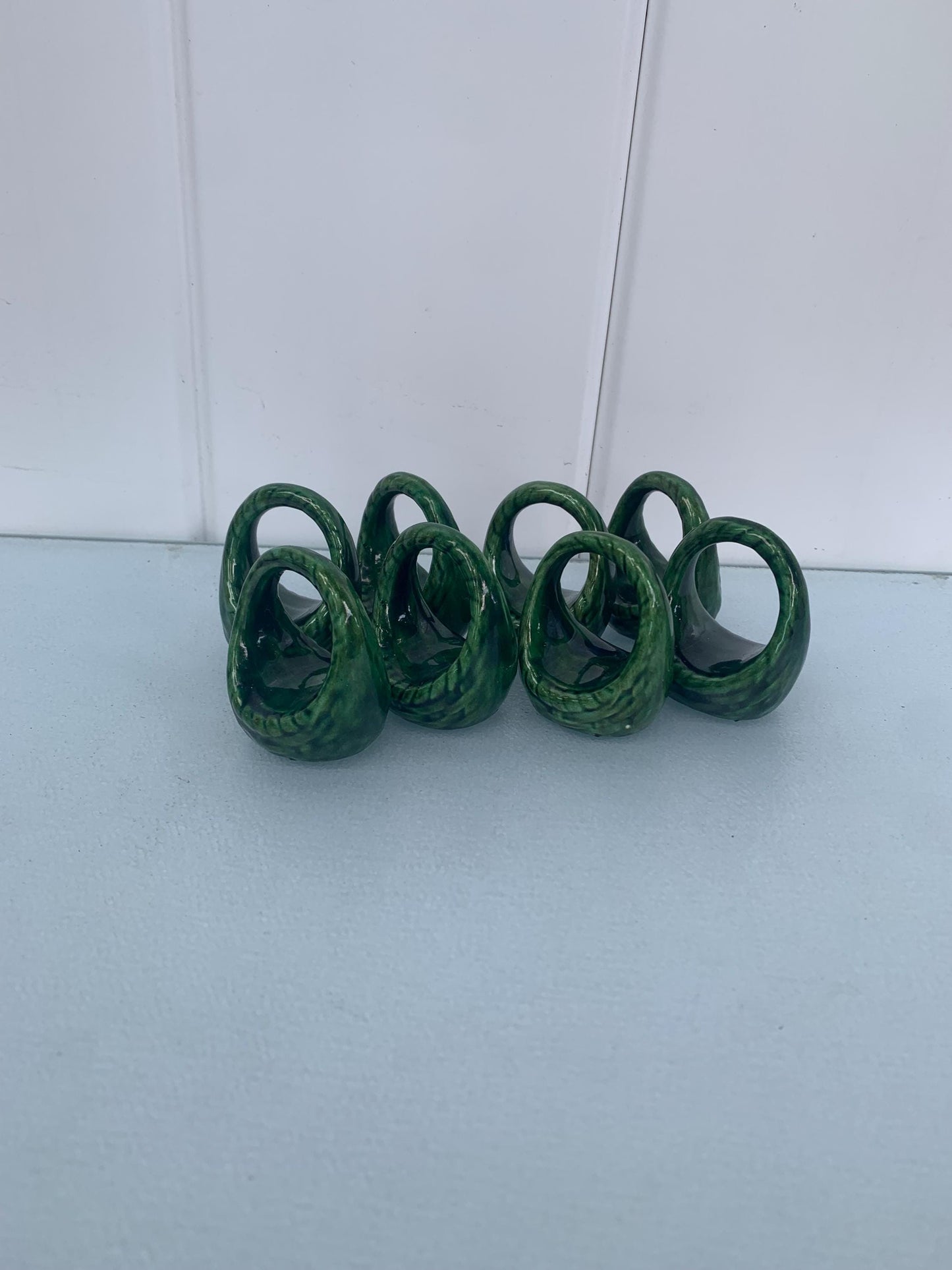 Set of 8 Green Porcelain Basket Napkin Rings