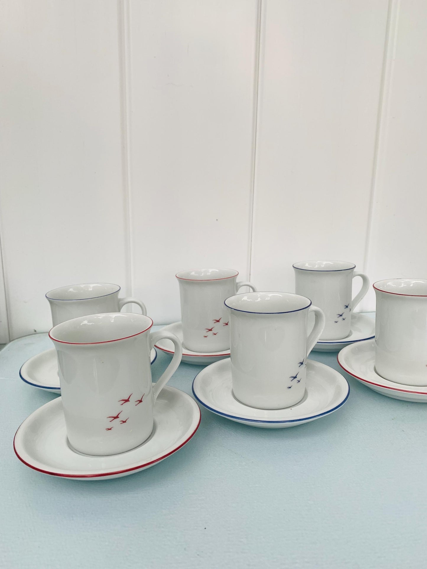 Set of 6 Eschenbach Red & Blue Bavaria Germany Seagull Espresso Cups and Saucers