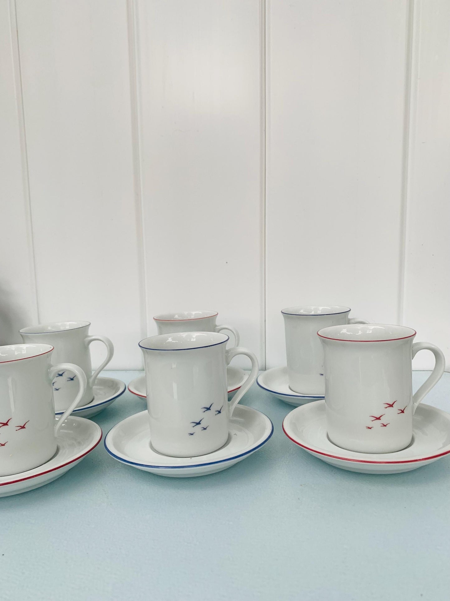 Set of 6 Eschenbach Red & Blue Bavaria Germany Seagull Espresso Cups and Saucers