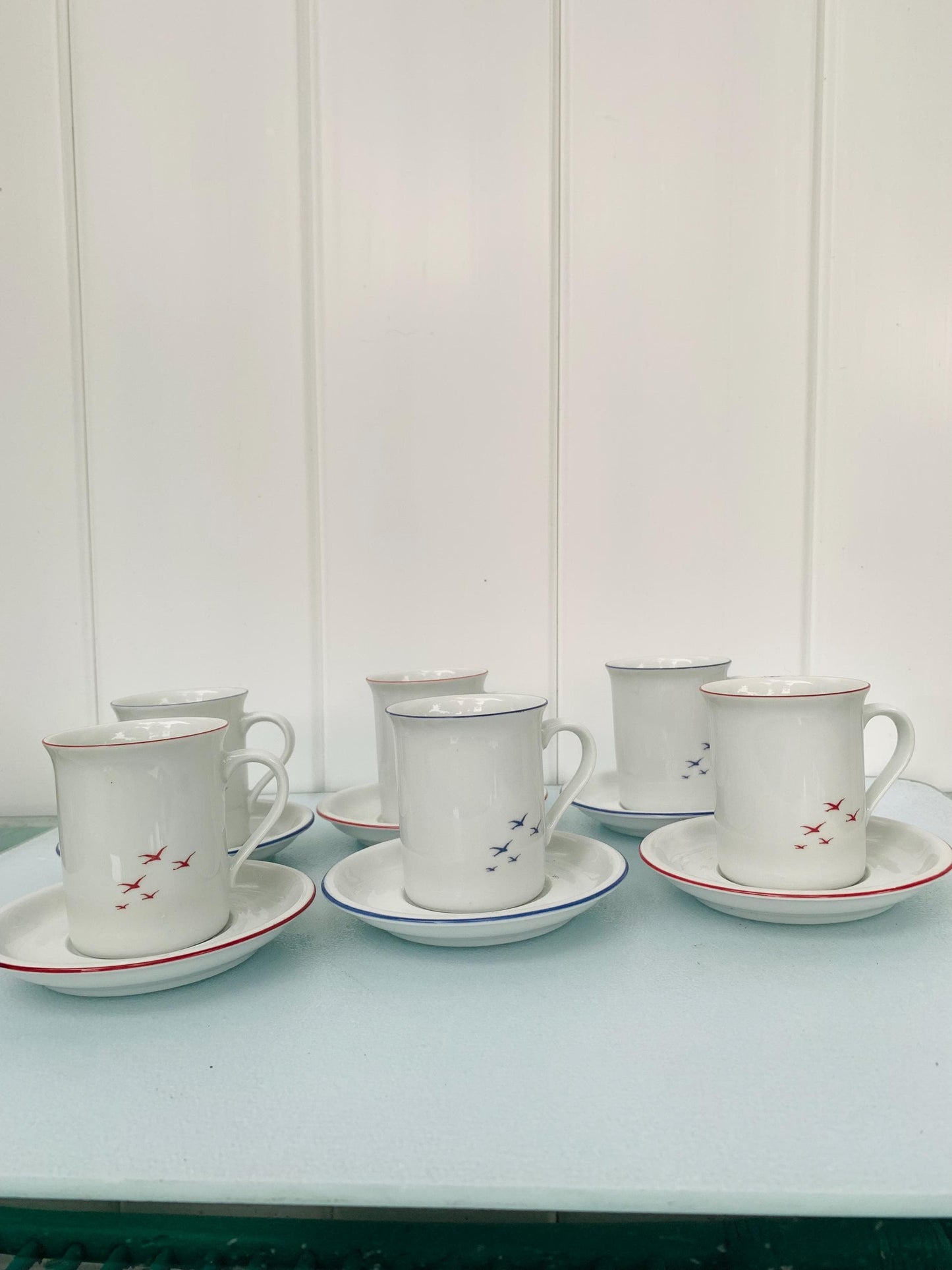 Set of 6 Eschenbach Red & Blue Bavaria Germany Seagull Espresso Cups and Saucers
