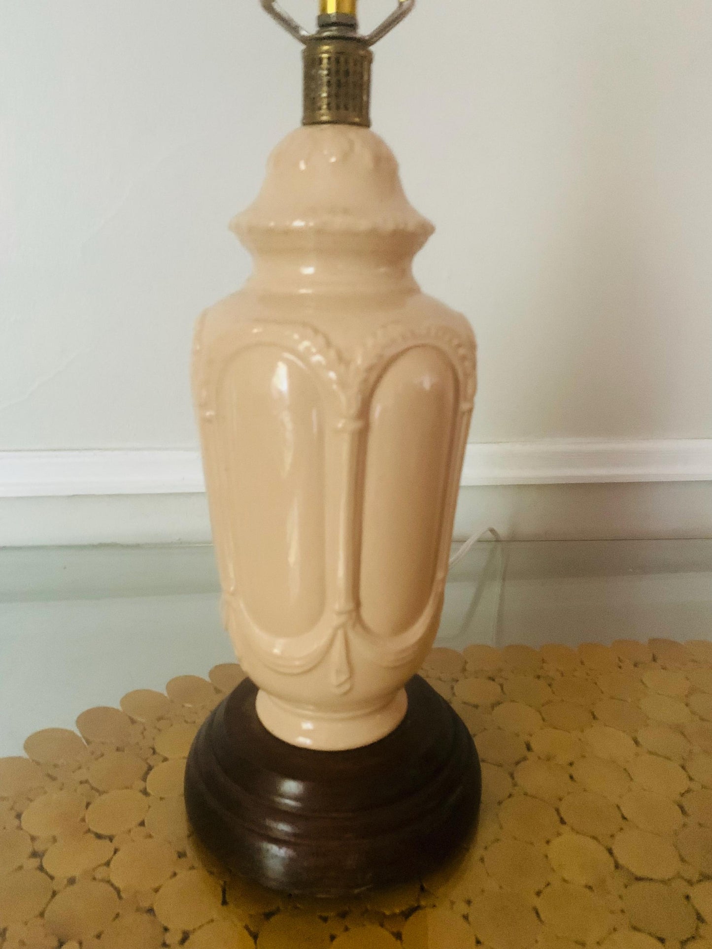 Antique Medium Cafe Au Lait Ceramic Table with Wood Base Lamp No Shade