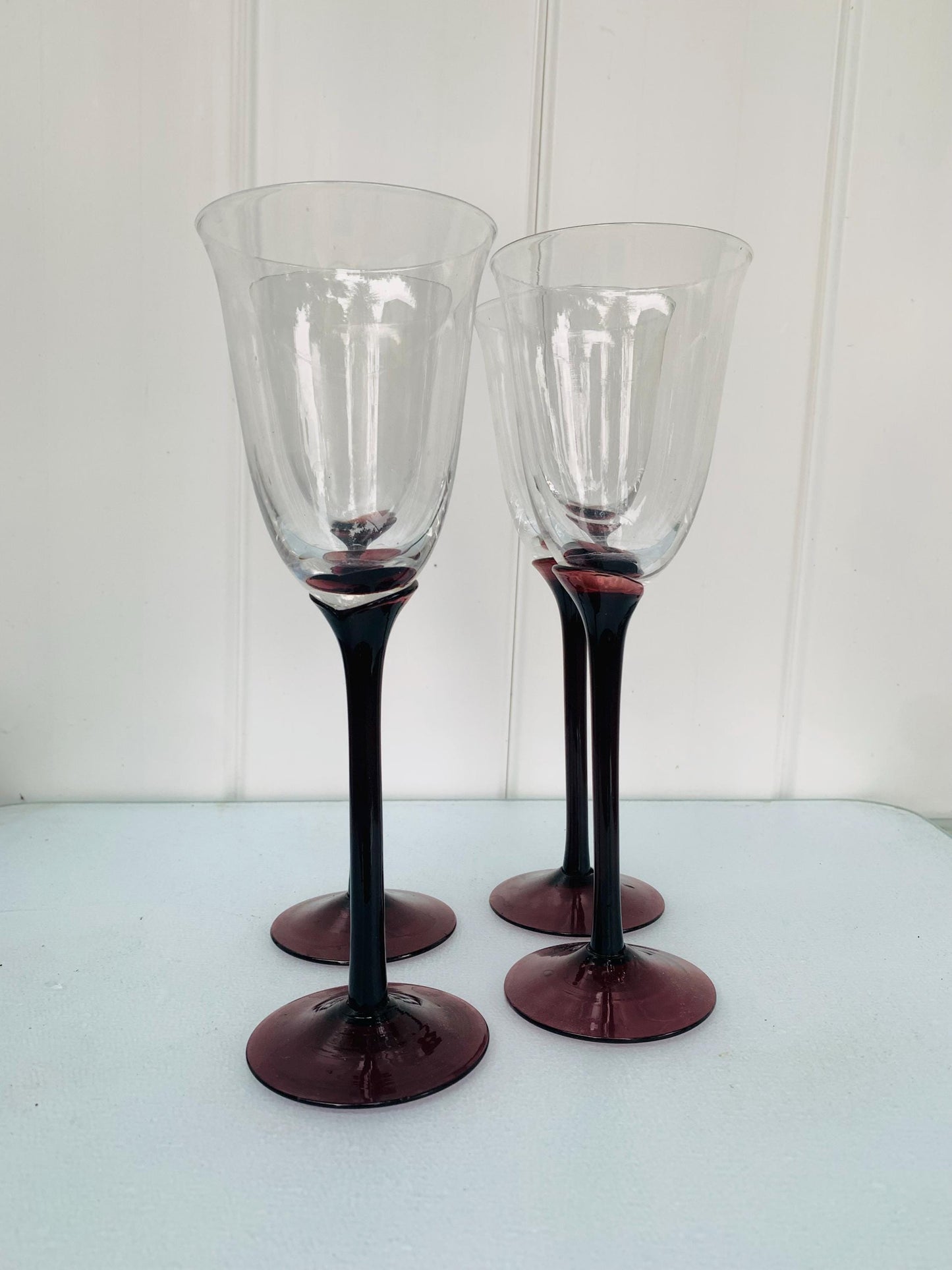 Vintage Set of 4 Tall Amethyst Stem Wine Glasses