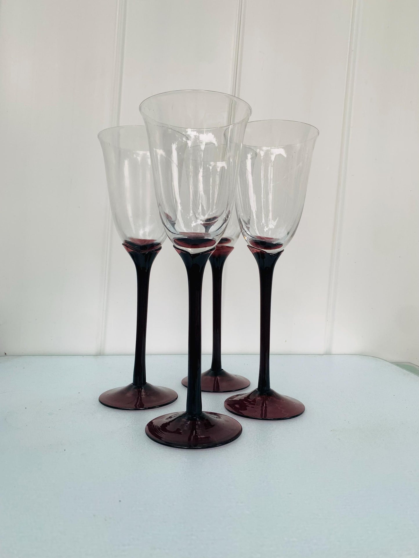 Vintage Set of 4 Tall Amethyst Stem Wine Glasses