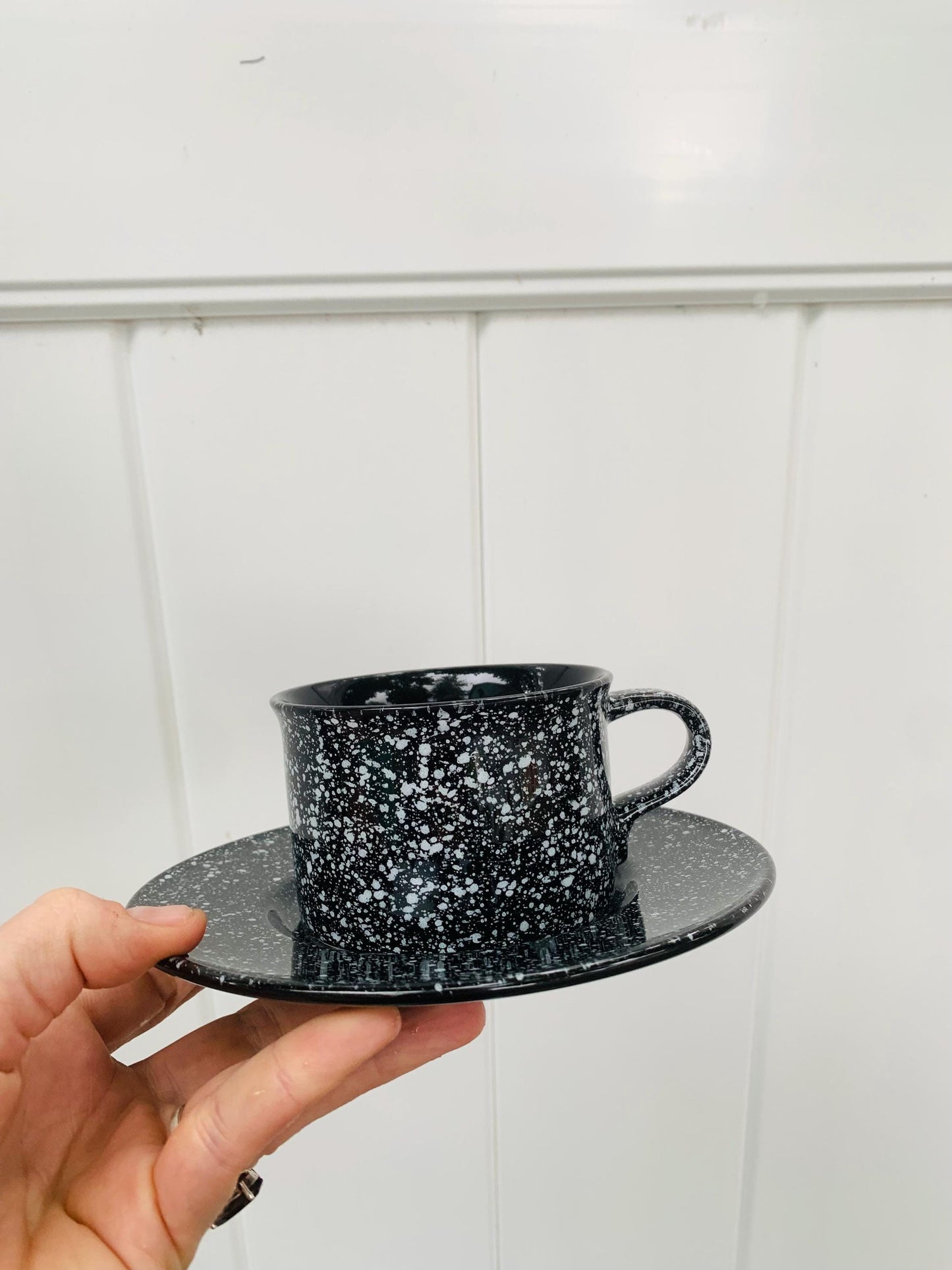 Set of 4 Retro Mikasa Black Spatter Ultrastone Cups and Saucers Made in Japan 4 Sets Available