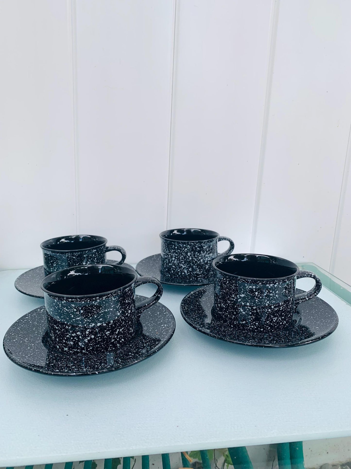 Set of 4 Retro Mikasa Black Spatter Ultrastone Cups and Saucers Made in Japan 4 Sets Available