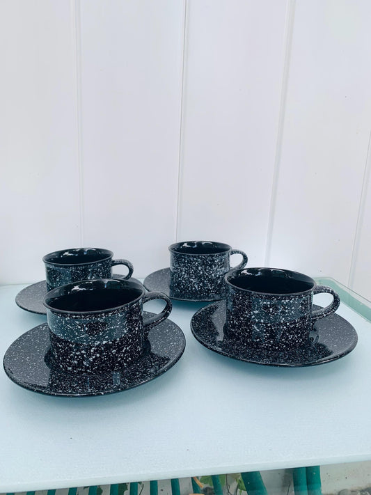 Set of 4 Retro Mikasa Black Spatter Ultrastone Cups and Saucers Made in Japan 4 Sets Available