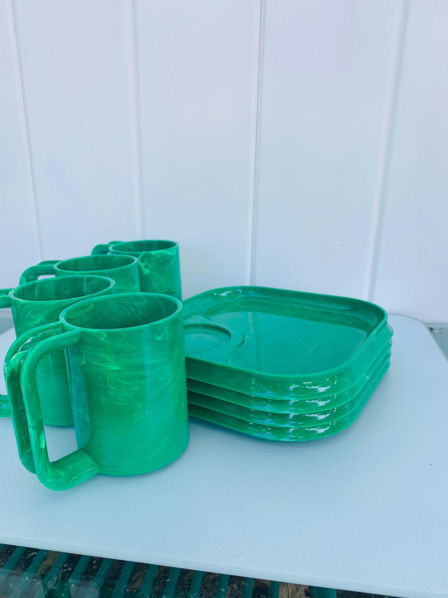 Vintage Set of 8 Marbled Green Sheino Industries Inc Plates and Mugs Made in USA