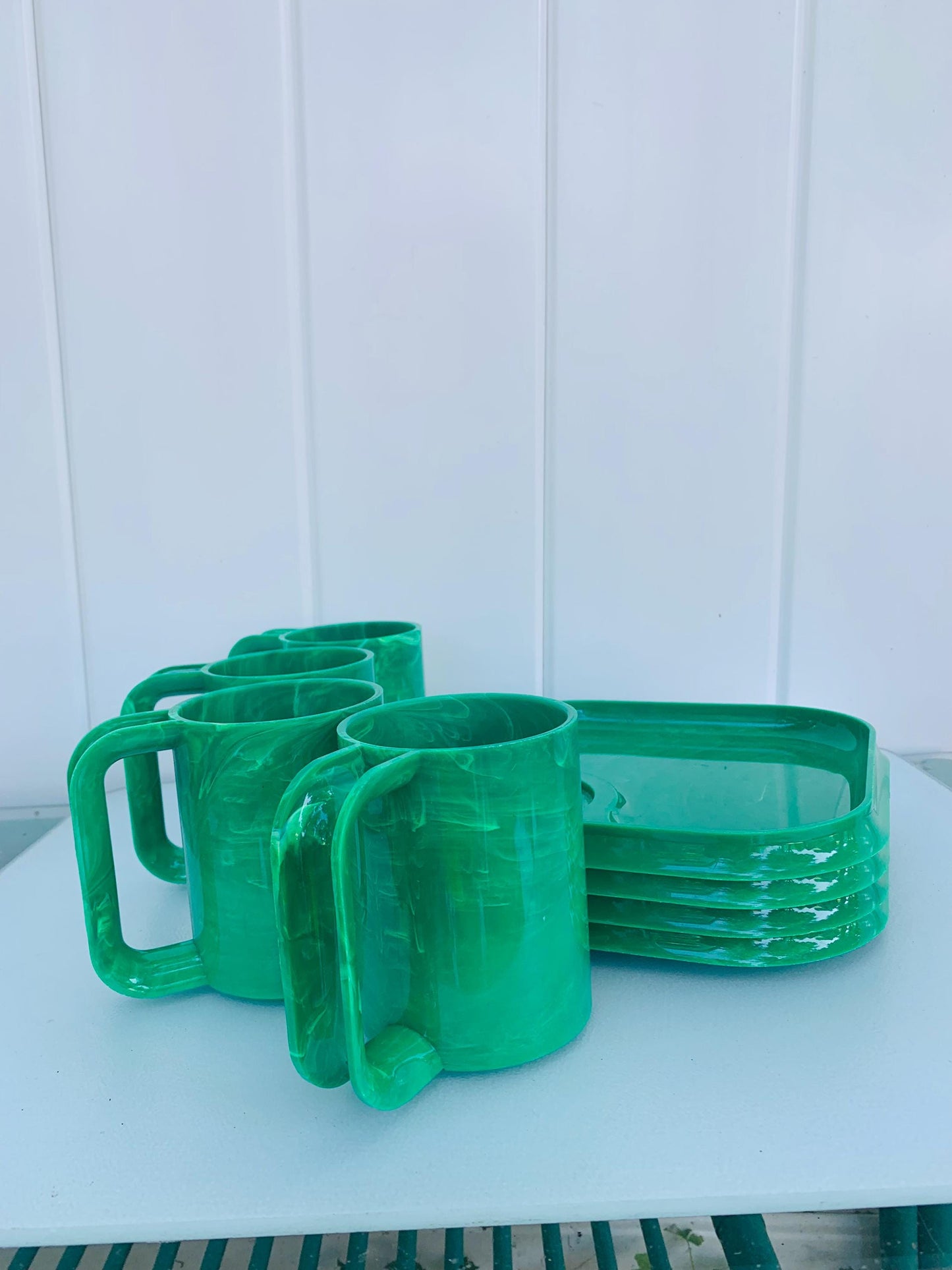 Vintage Set of 8 Marbled Green Sheino Industries Inc Plates and Mugs Made in USA