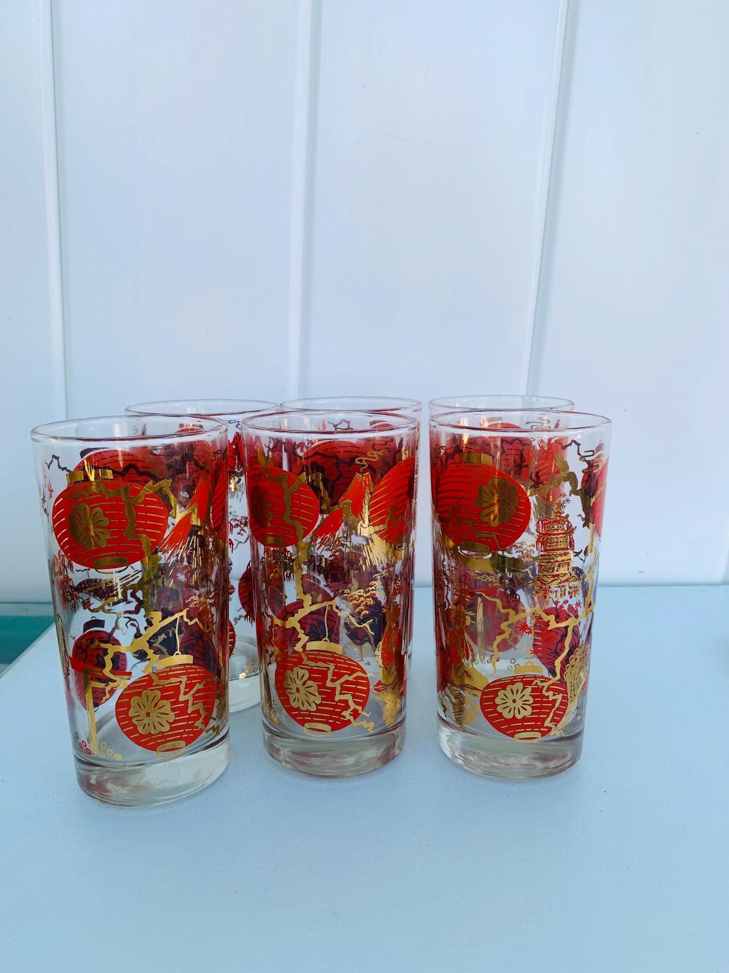 MCM Set of 6 Dominion Red and Gold Lantern Glass Tumblers