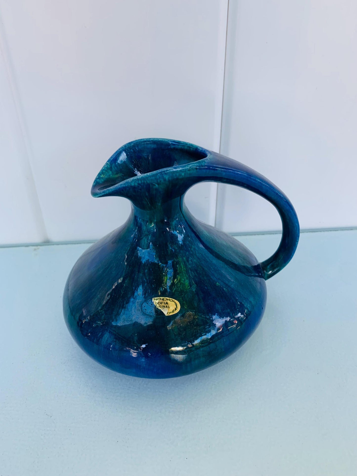 Handmade Vintage Small Blue Pottery Jug with Handle