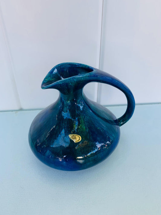 Handmade Vintage Small Blue Pottery Jug with Handle