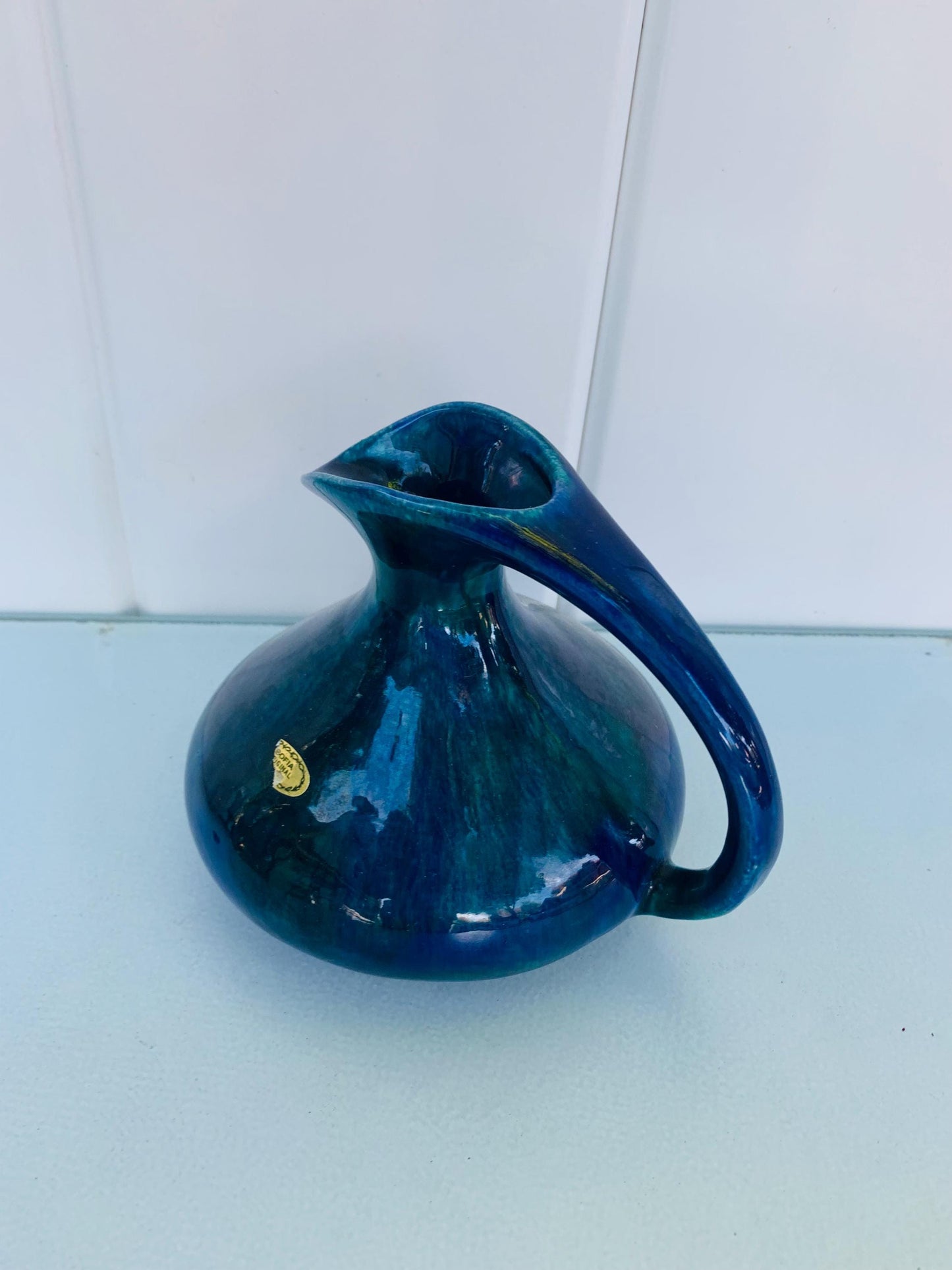 Handmade Vintage Small Blue Pottery Jug with Handle