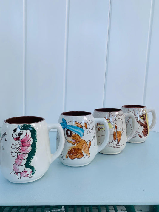 Set of 4 Vintage Hand Painted Ceramic Canuck Pottery Ceramic Mugs Made in Canada
