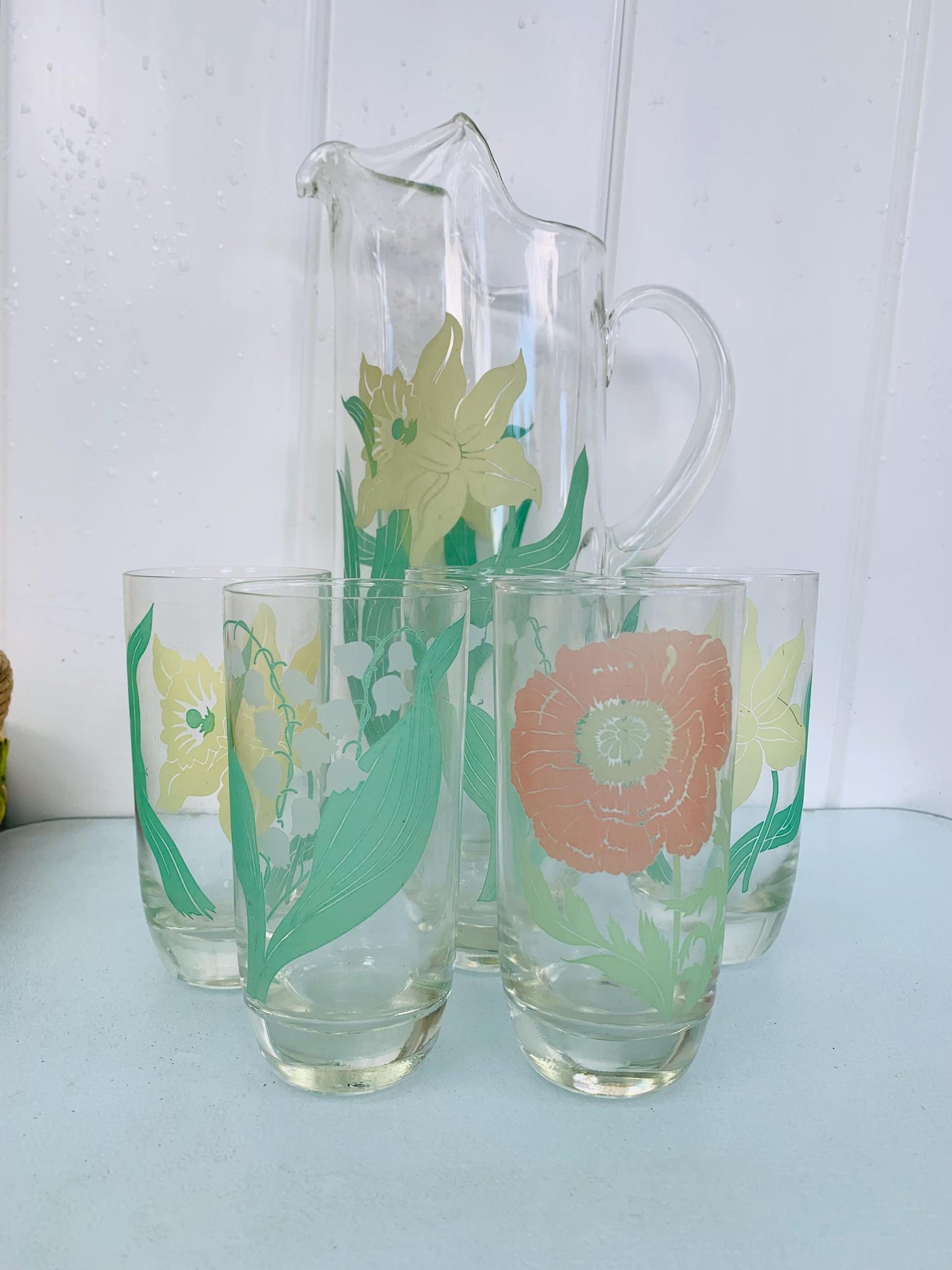 Vintage Set of 5 Floral Glasses with Tall Pitcher