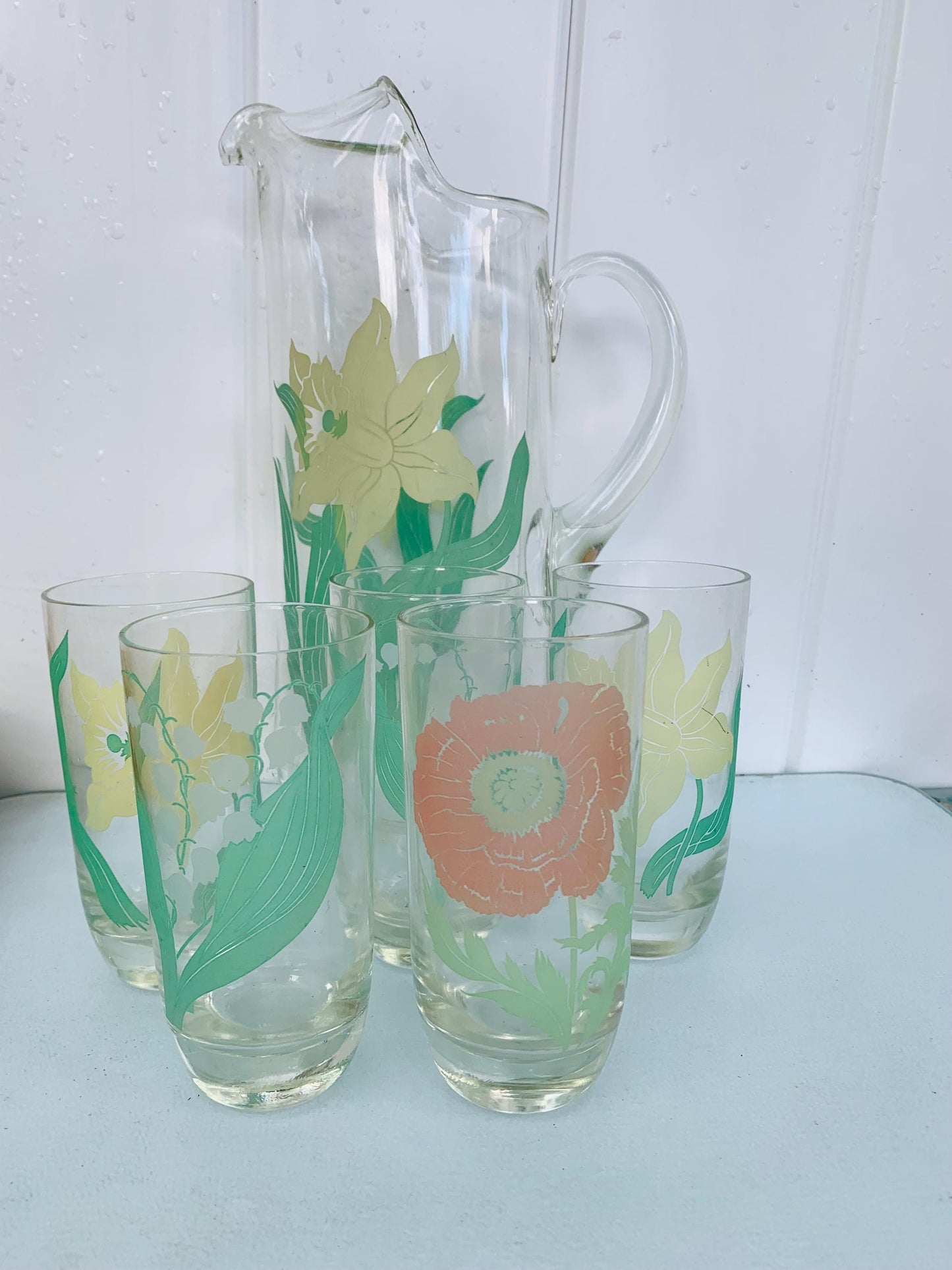 Vintage Set of 5 Floral Glasses with Tall Pitcher