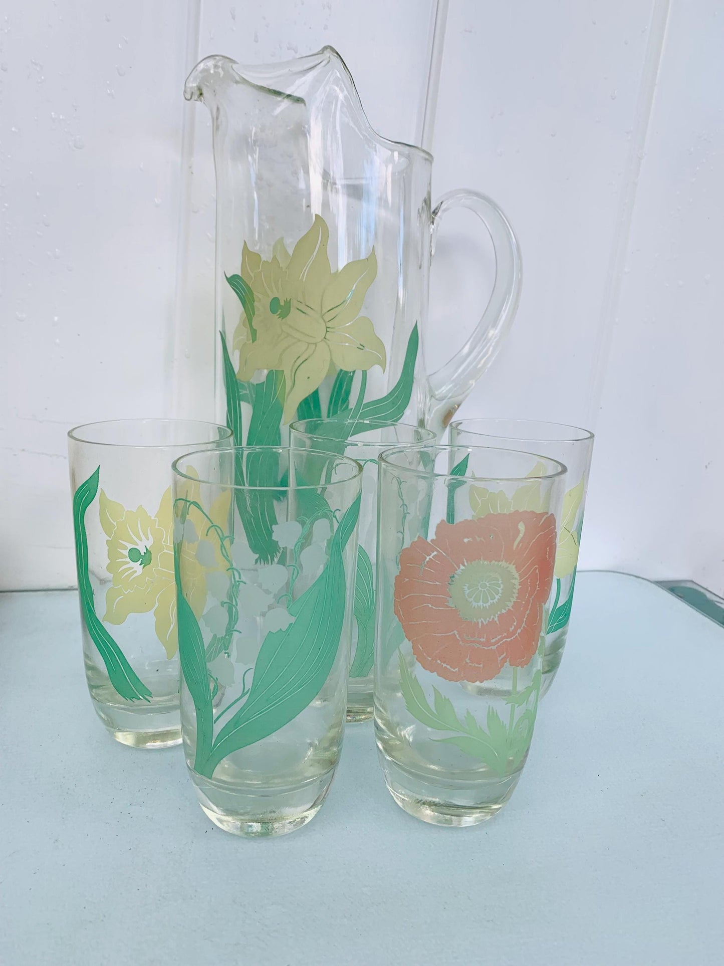 Vintage Set of 5 Floral Glasses with Tall Pitcher