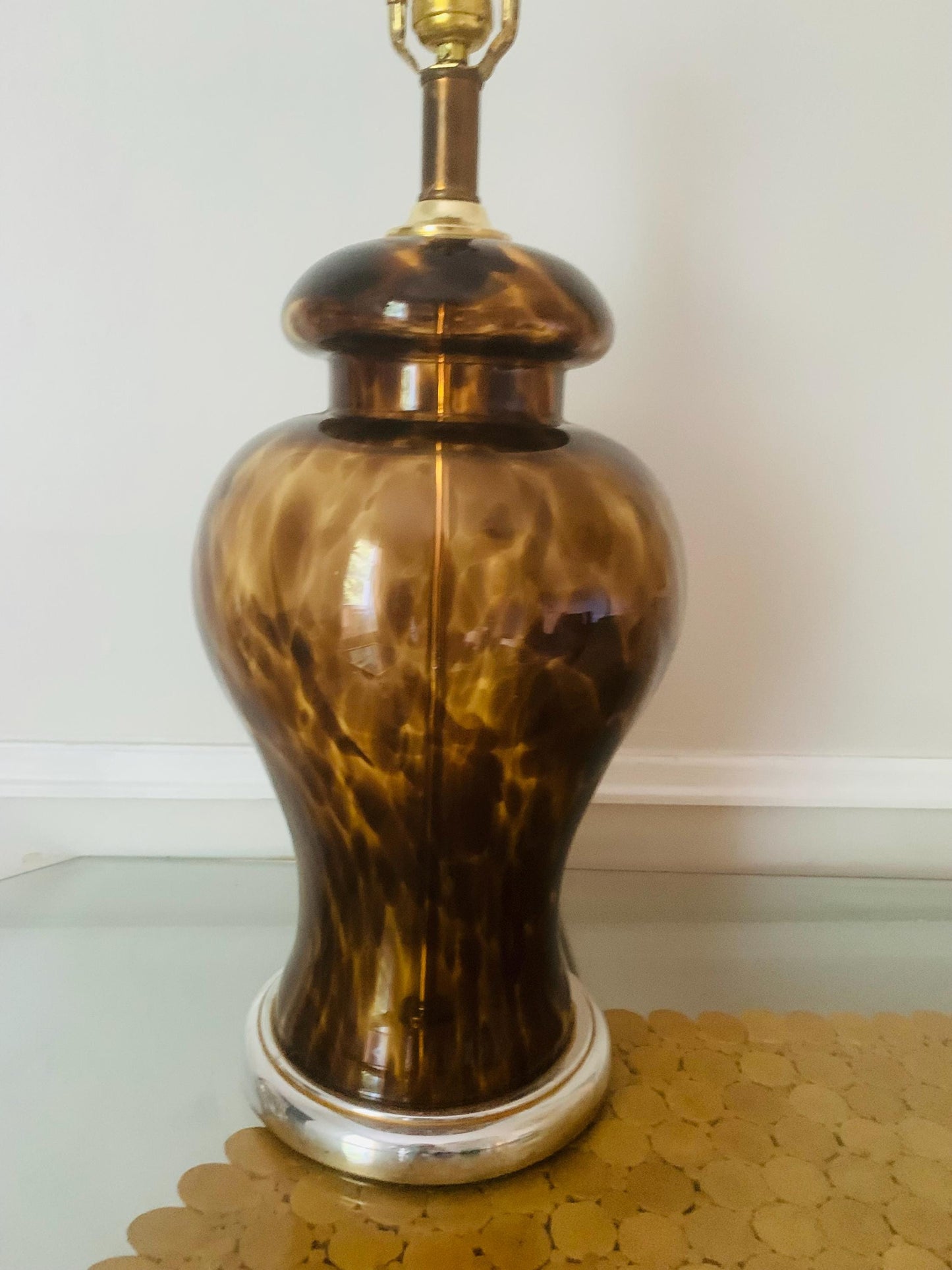 Vintage Large Glass Tortoise Shell Ginger Jar Lamp with Brass Base No Shade