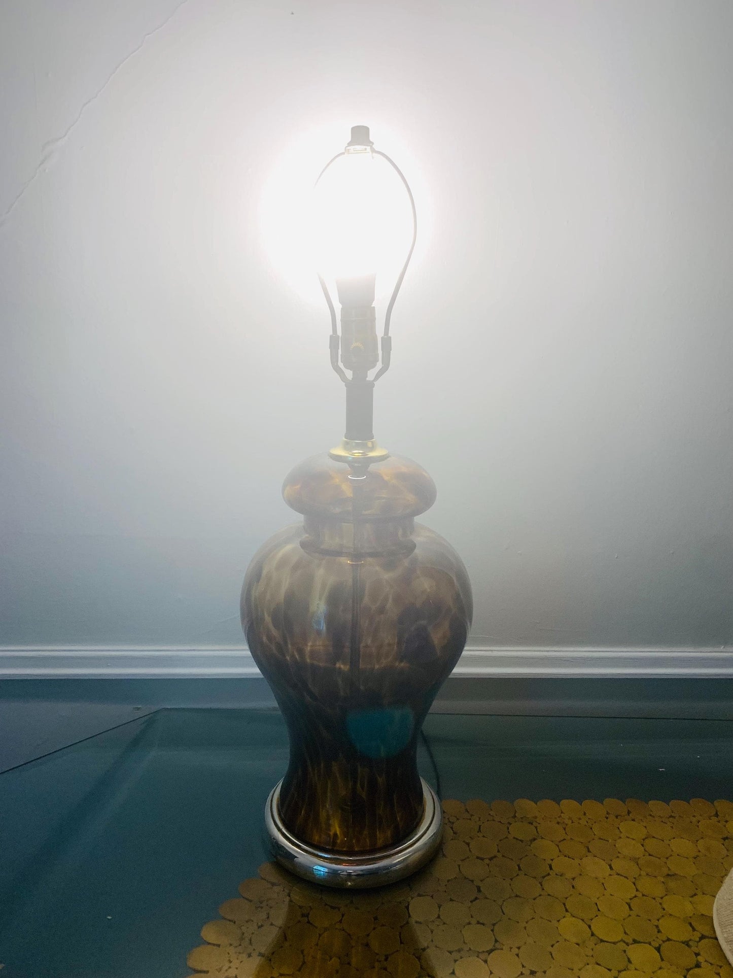Vintage Large Glass Tortoise Shell Ginger Jar Lamp with Brass Base No Shade