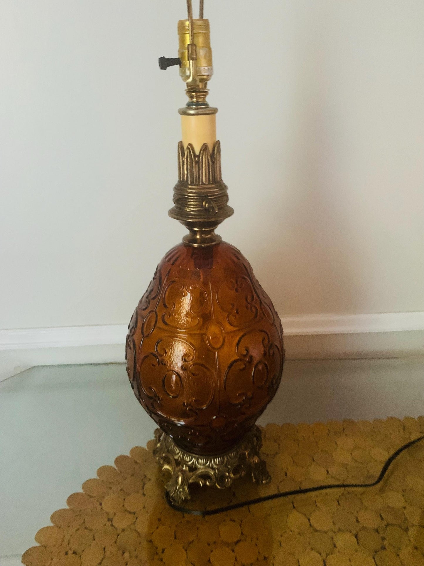 MCM Extra Large Eggshaped Embossed Amber Glass Globe Lamp with Brass Details No Shade