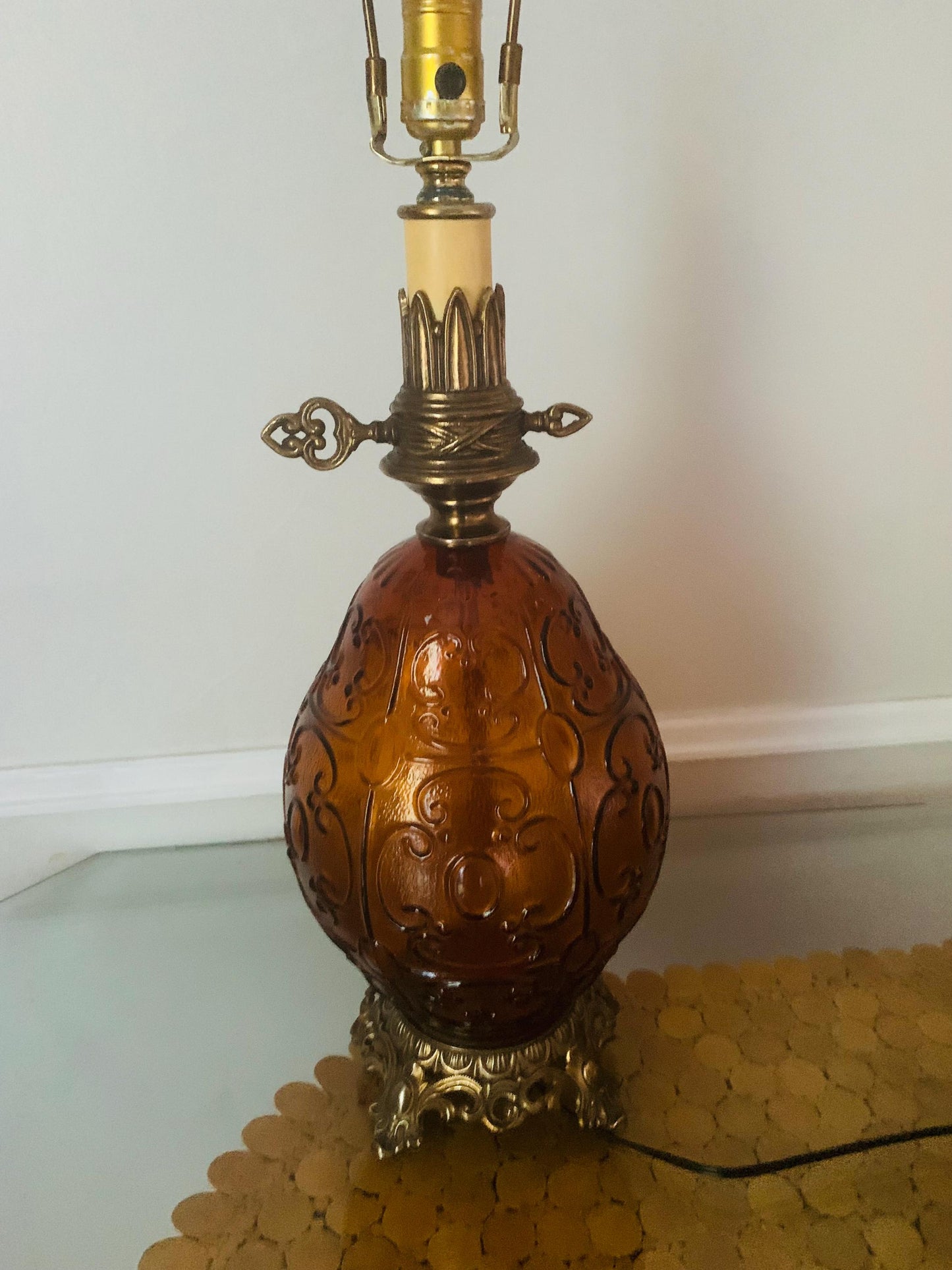 MCM Extra Large Eggshaped Embossed Amber Glass Globe Lamp with Brass Details No Shade