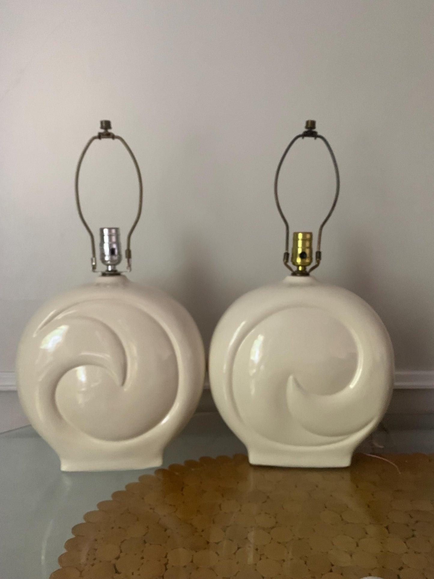 Vintage Pair of Large Cream Ceramic Swirl Lamps No Shades
