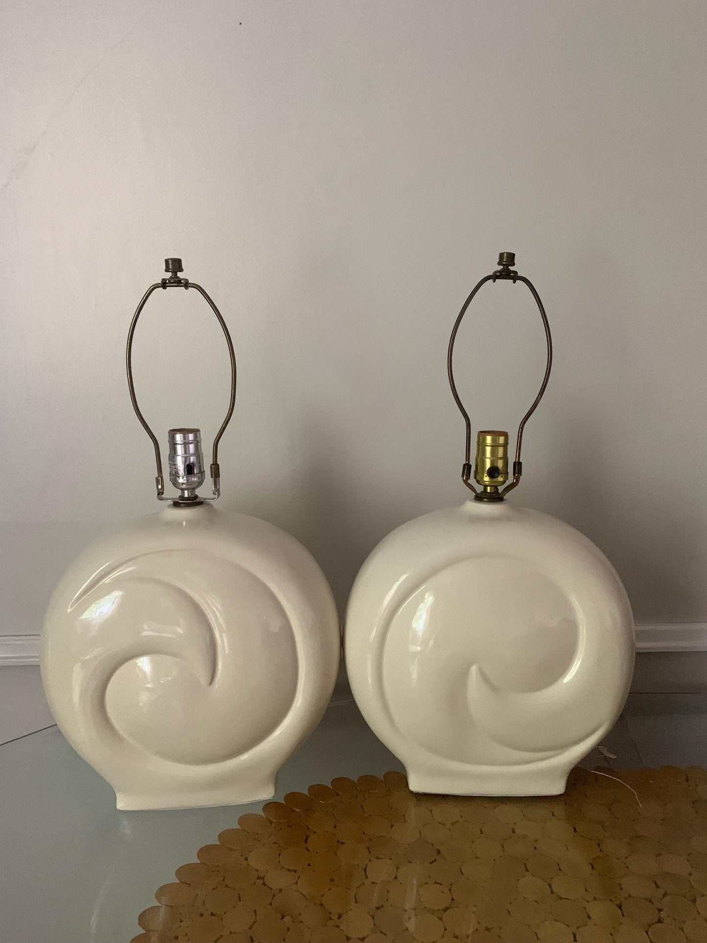 Vintage Pair of Large Cream Ceramic Swirl Lamps No Shades