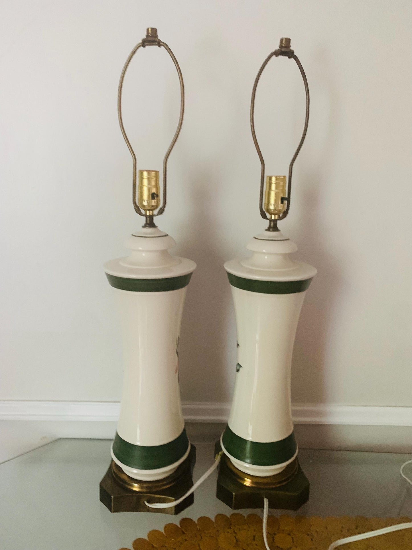 Pair of Vintage Cream  Ceramic Lamps with Flowers and Brass Base No Shades