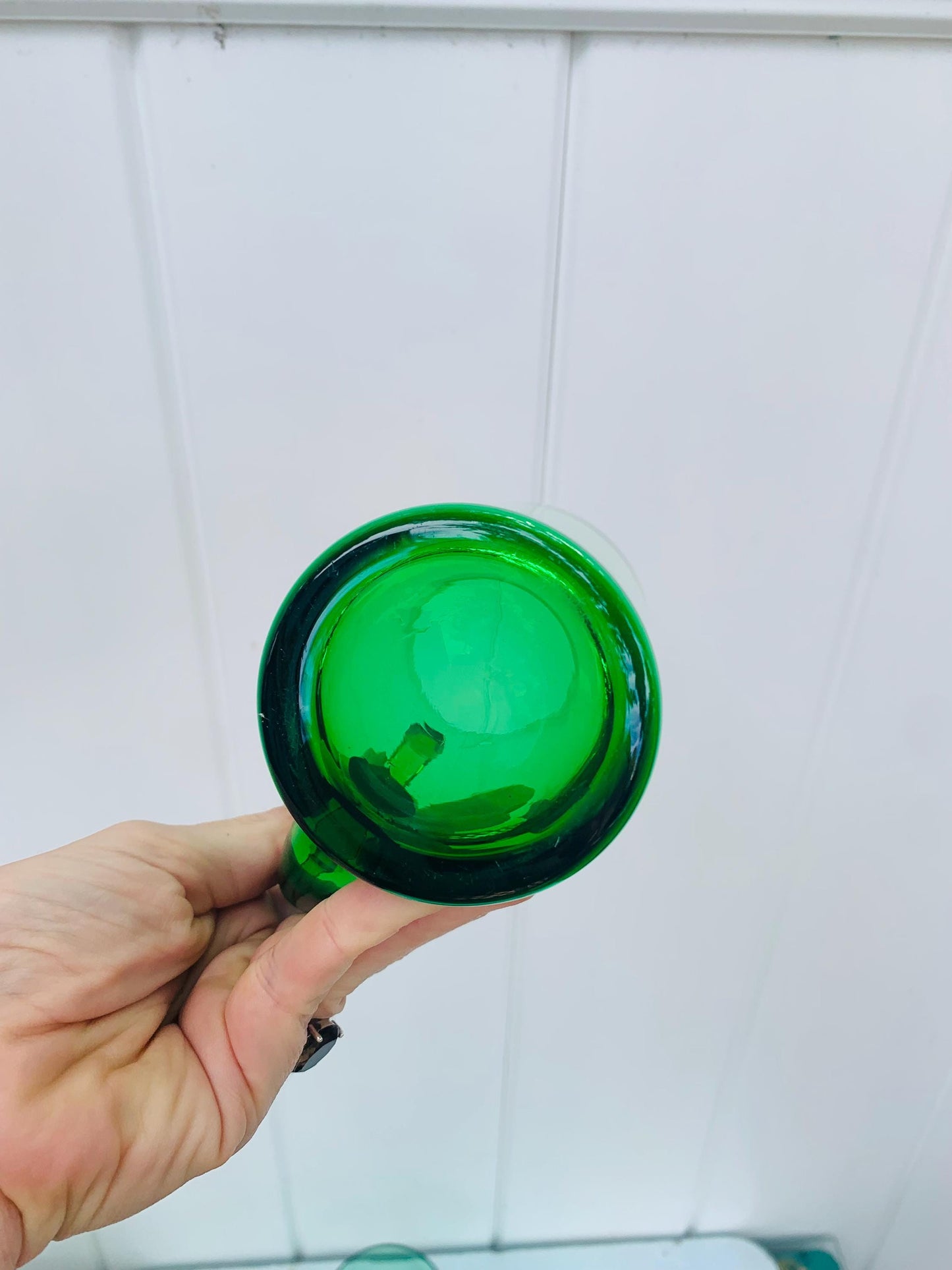 Set of 4 Vintage Emerald Green Glass Mugs with Applied Handle 16 oz