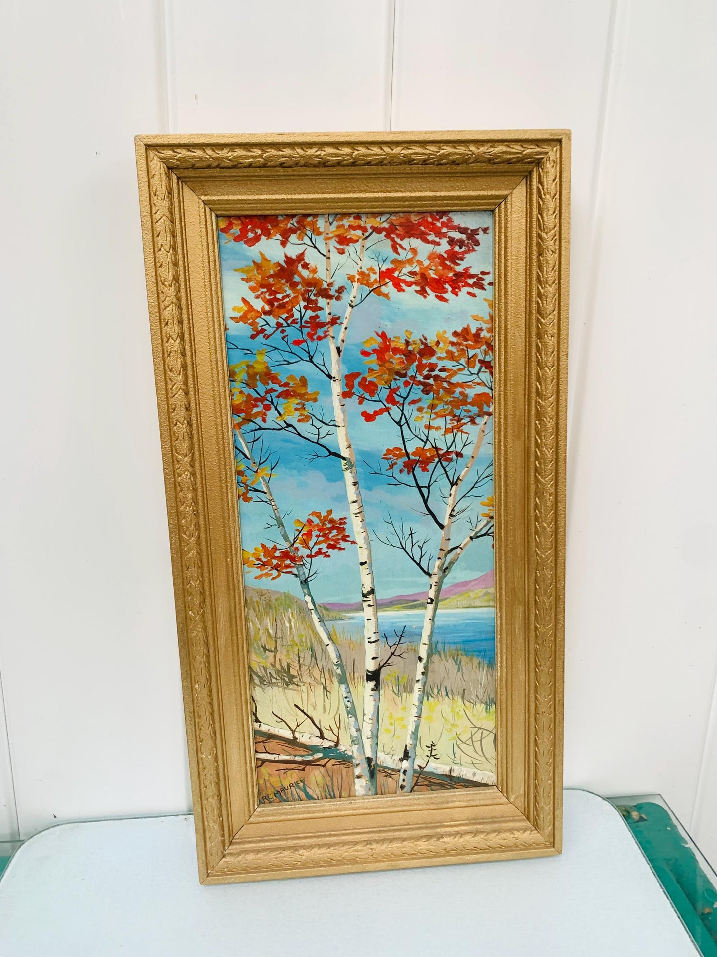 Tall Vintage Birch Tree Painting in Gold Wood Frame