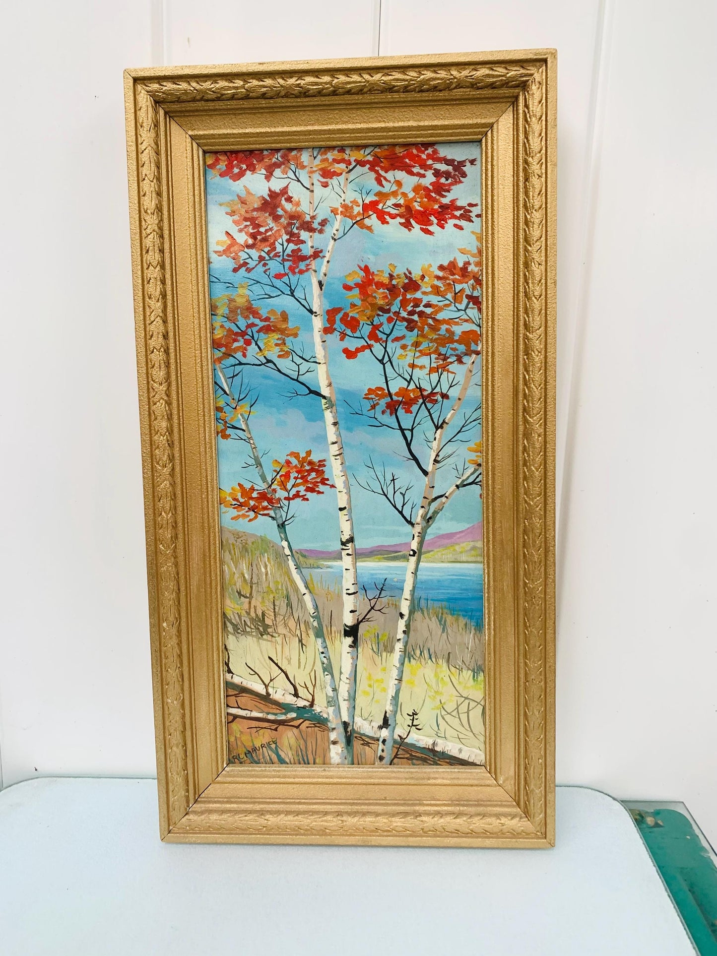 Tall Vintage Birch Tree Painting in Gold Wood Frame