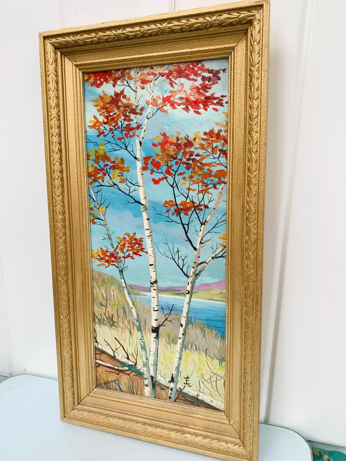 Tall Vintage Birch Tree Painting in Gold Wood Frame