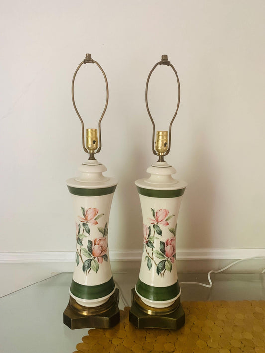Pair of Vintage Cream  Ceramic Lamps with Flowers and Brass Base No Shades