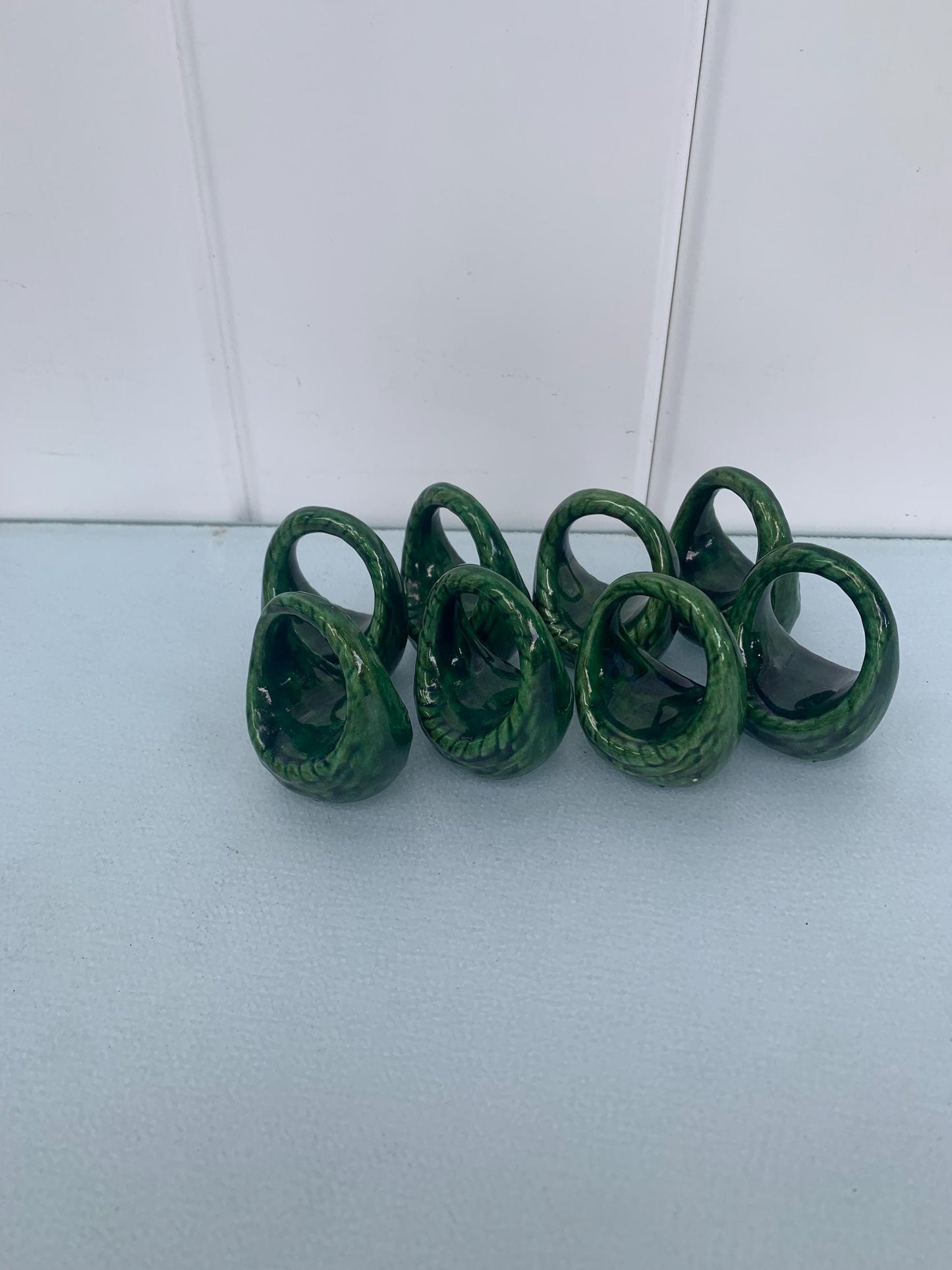 Set of 8 Green Porcelain Basket Napkin Rings