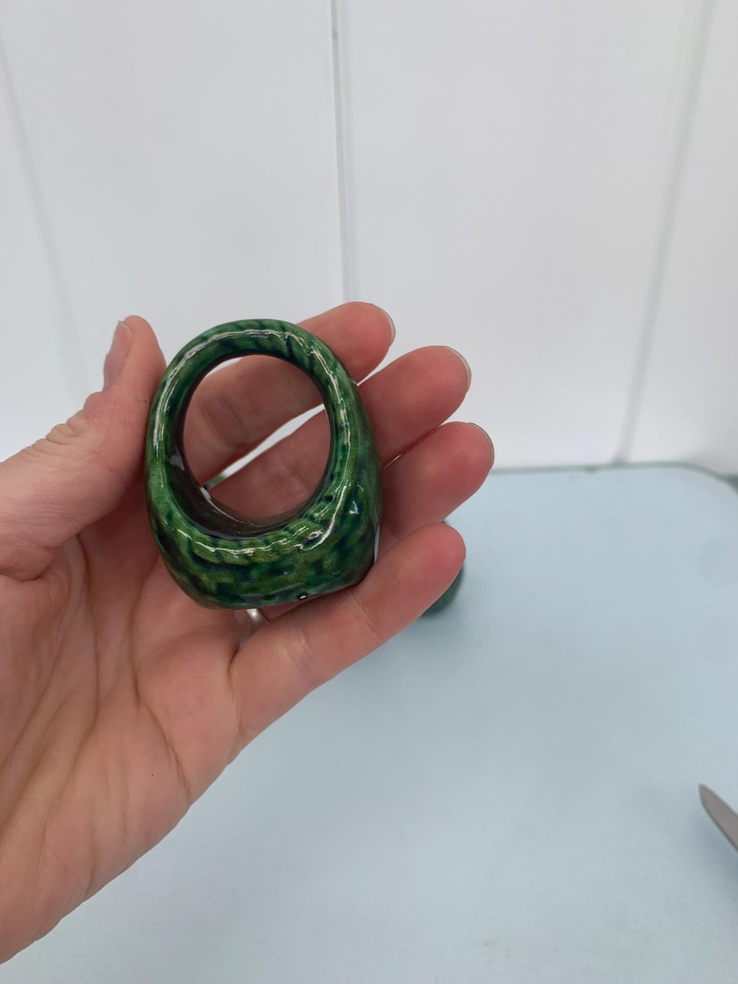 Set of 8 Green Porcelain Basket Napkin Rings