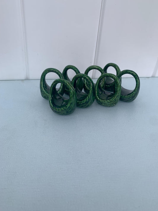 Set of 8 Green Porcelain Basket Napkin Rings