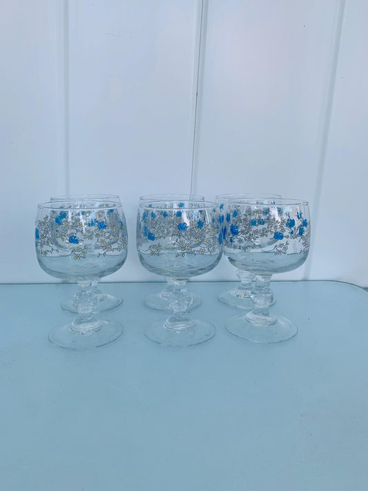 Set of 6 Retro Blue Flower Wine Glasses
