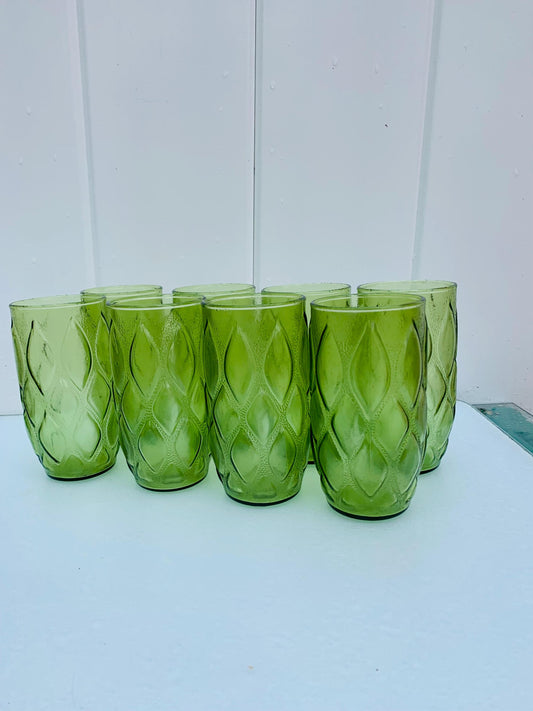 Set of 8 MCM Anchor Hocking "Madrid " Olive Green Textured Glass Tumblers