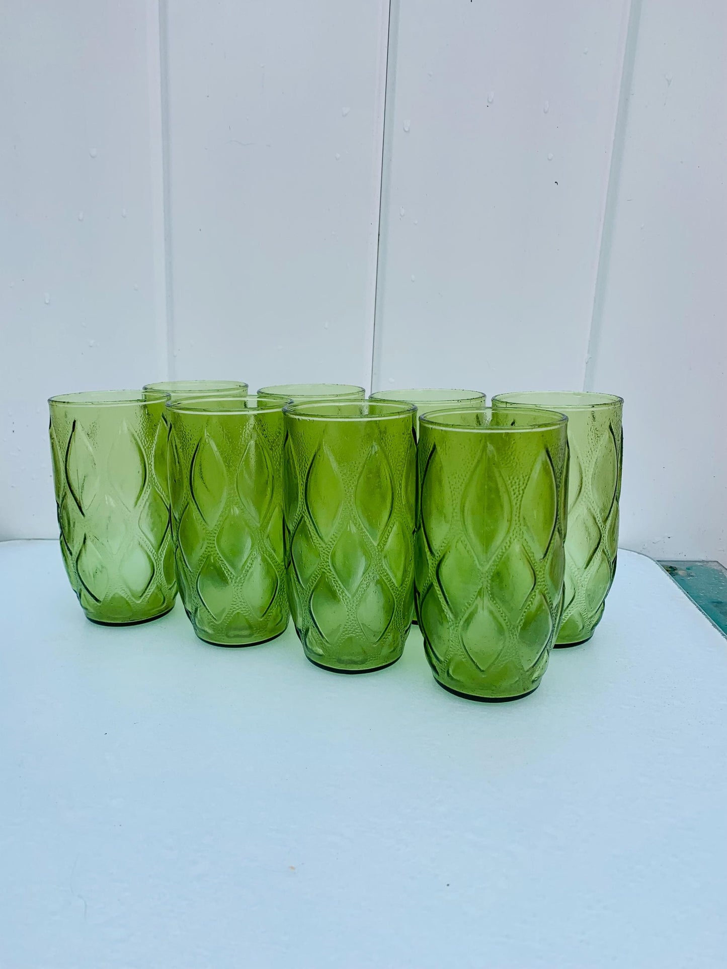 Set of 8 MCM Anchor Hocking "Madrid " Olive Green Textured Glass Tumblers