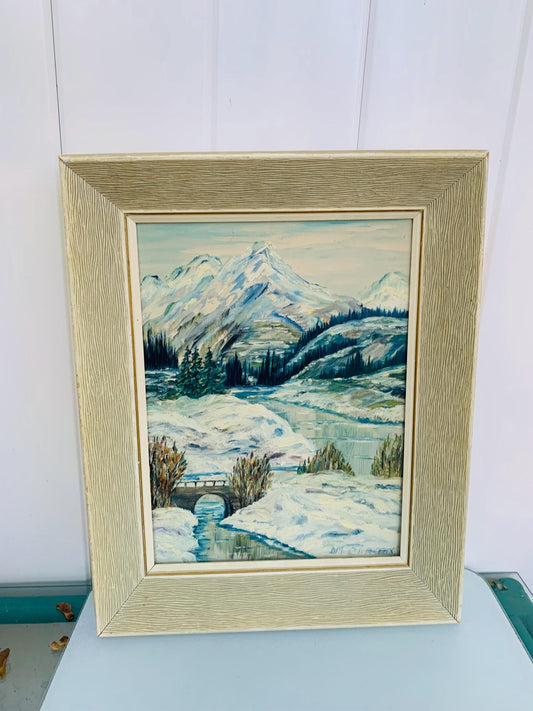 Large Vintage Winter Scape Painting in White Wood Frame