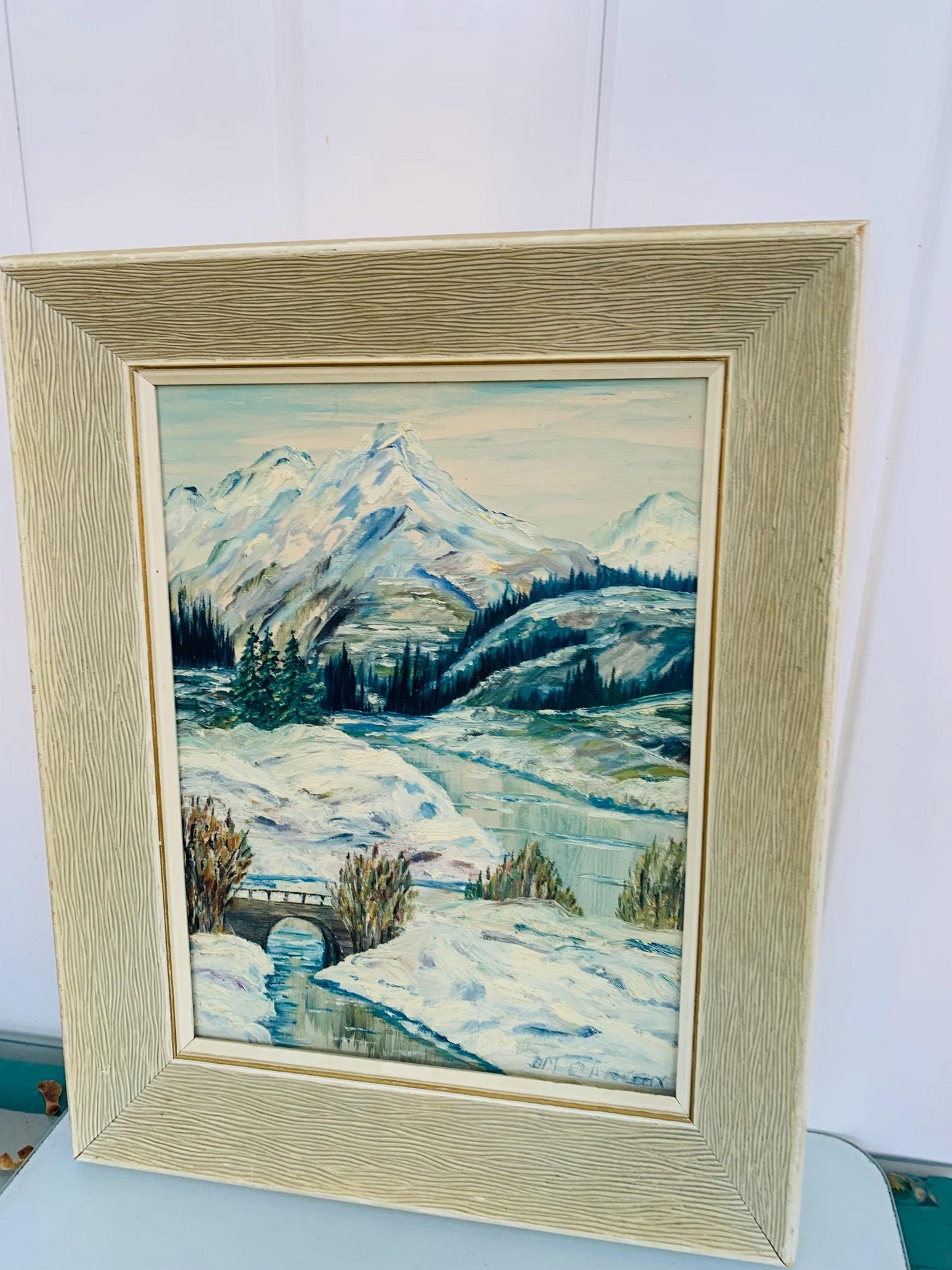 Large Vintage Winter Scape Painting in White Wood Frame