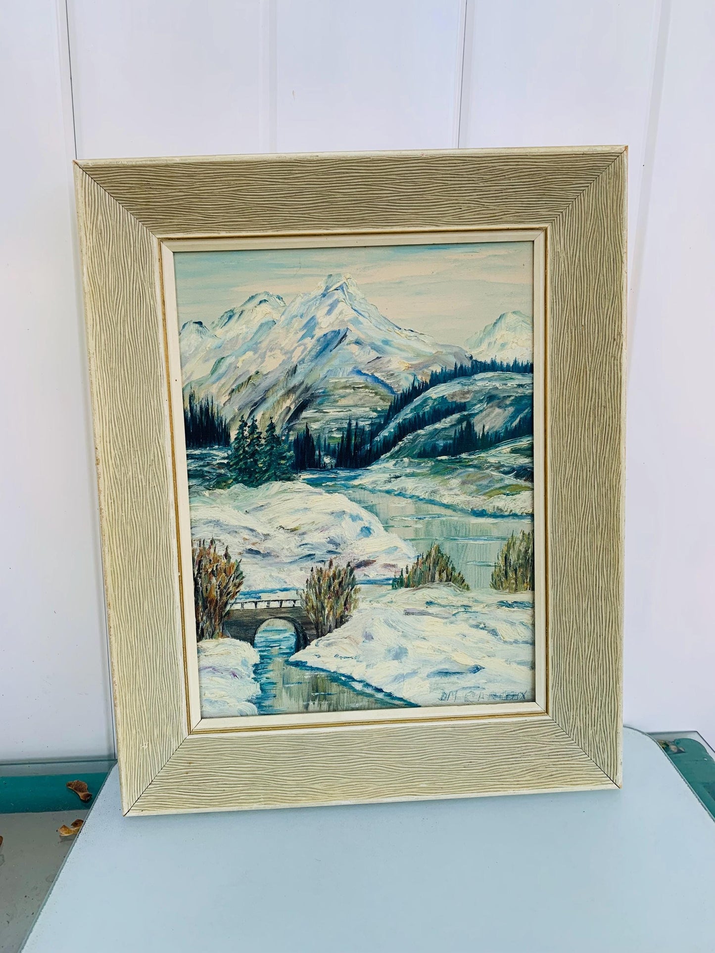 Large Vintage Winter Scape Painting in White Wood Frame