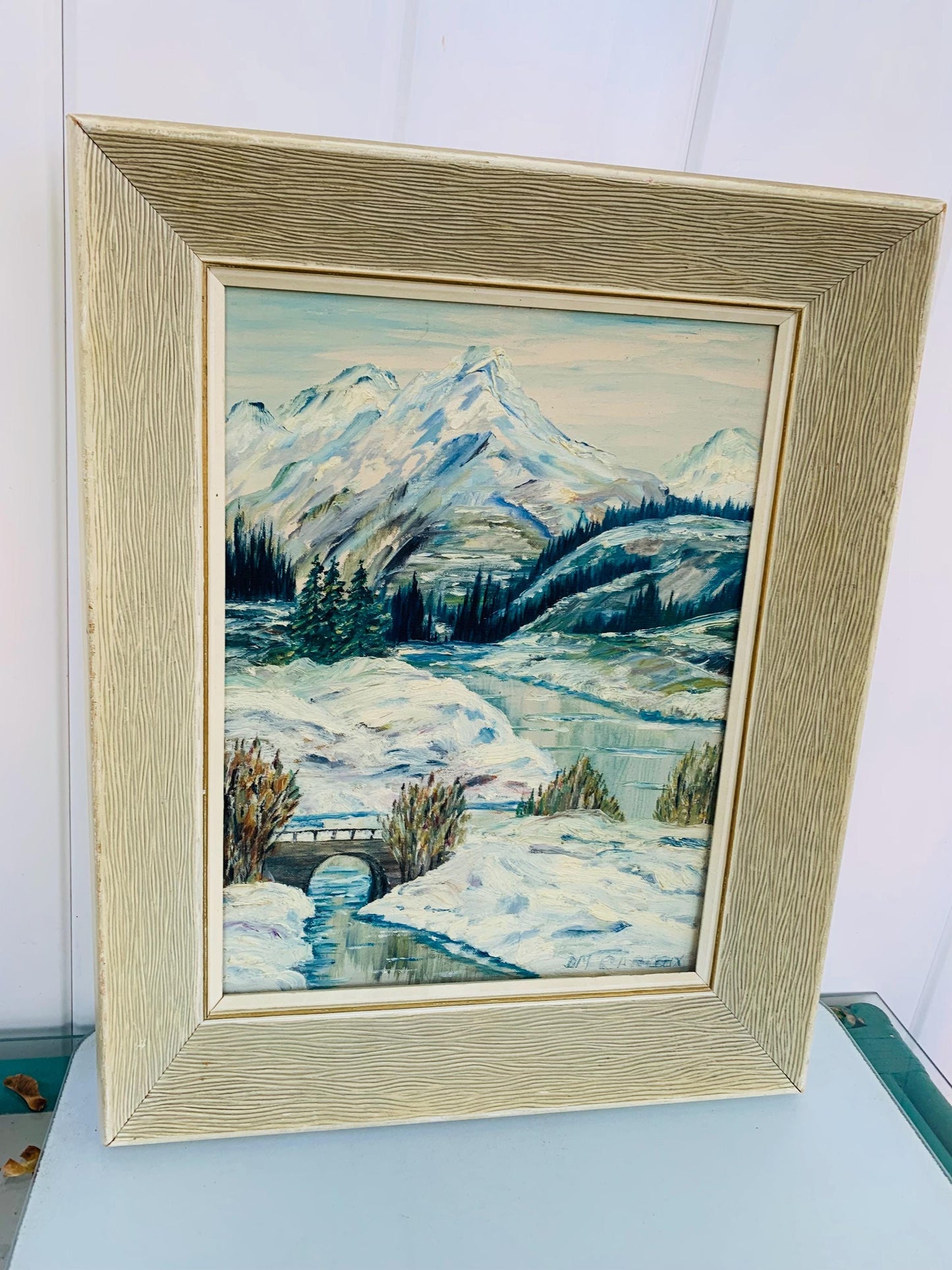 Large Vintage Winter Scape Painting in White Wood Frame